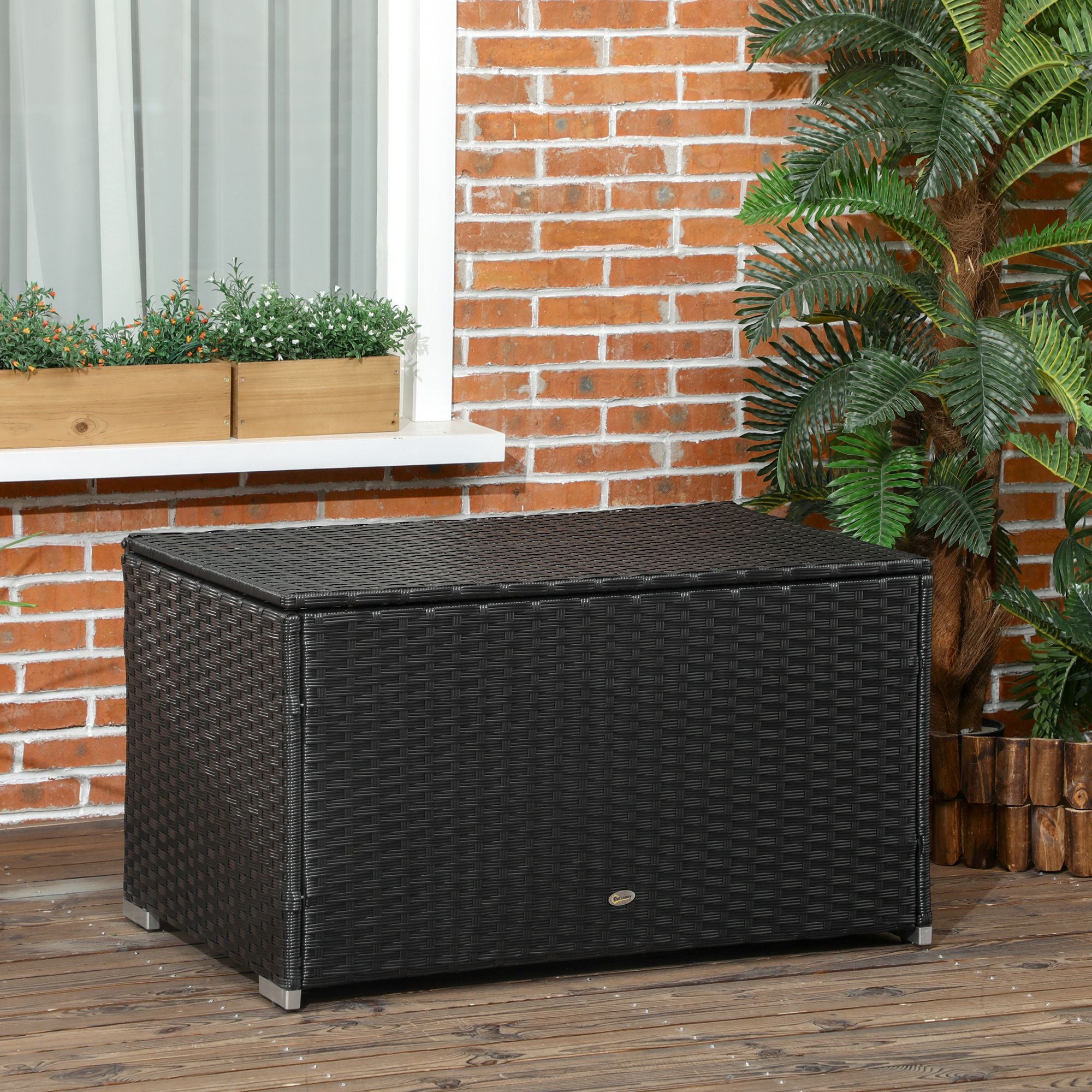 Garden Box in Rattan and Steel, Outdoor Container with Lid 95x60x53cm, Black
