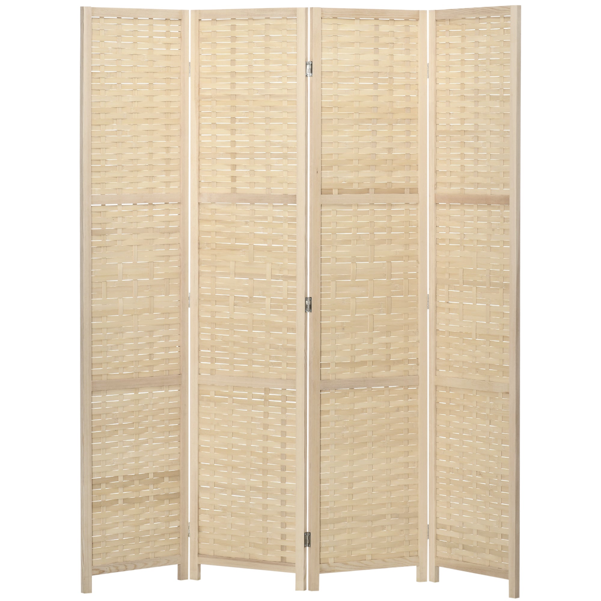 Indoor 4-Panel Wooden and Bamboo Woven Screen Divider, Folding Space-Saving Partition, Height 170cm, Natural