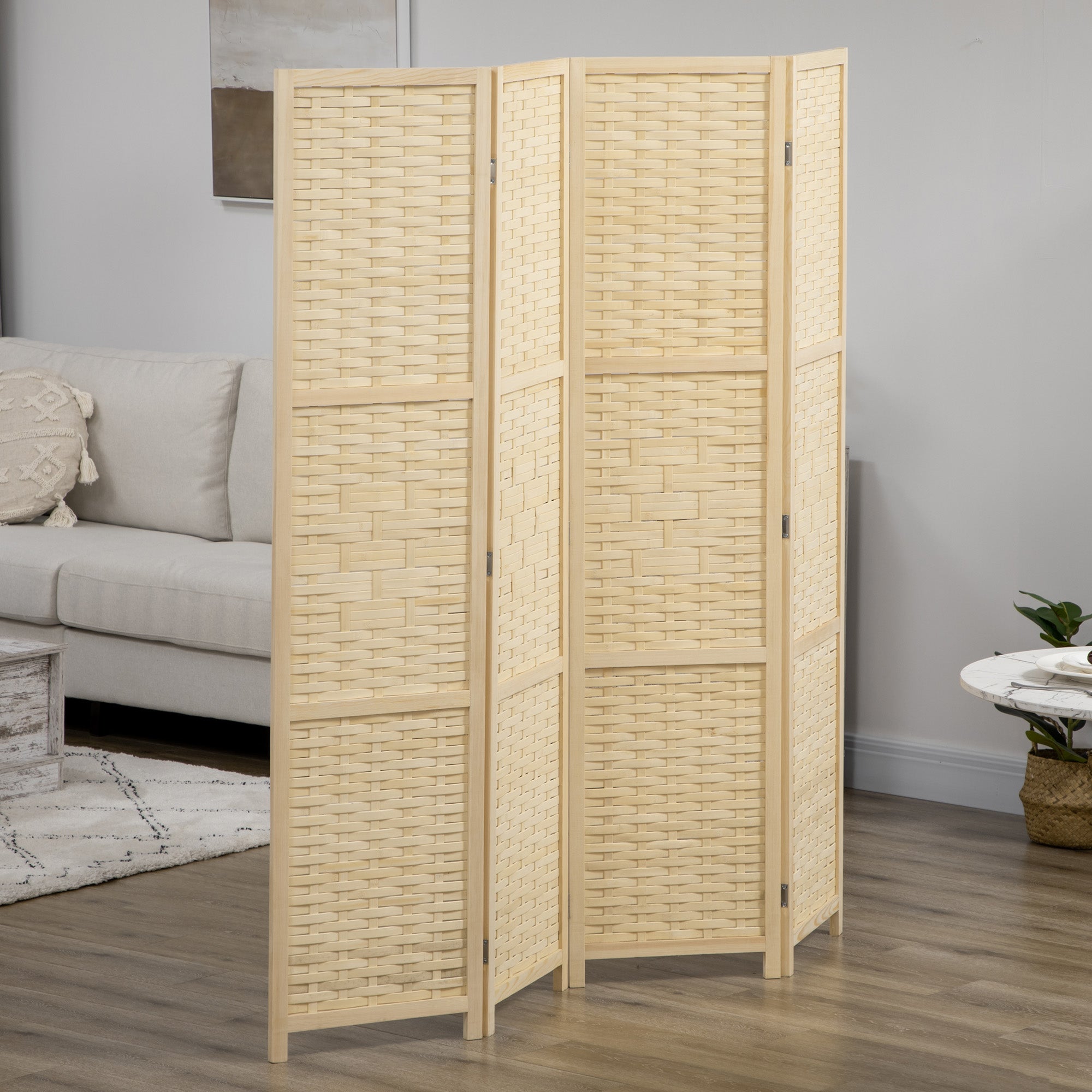 Indoor 4-Panel Wooden and Bamboo Woven Screen Divider, Folding Space-Saving Partition, Height 170cm, Natural