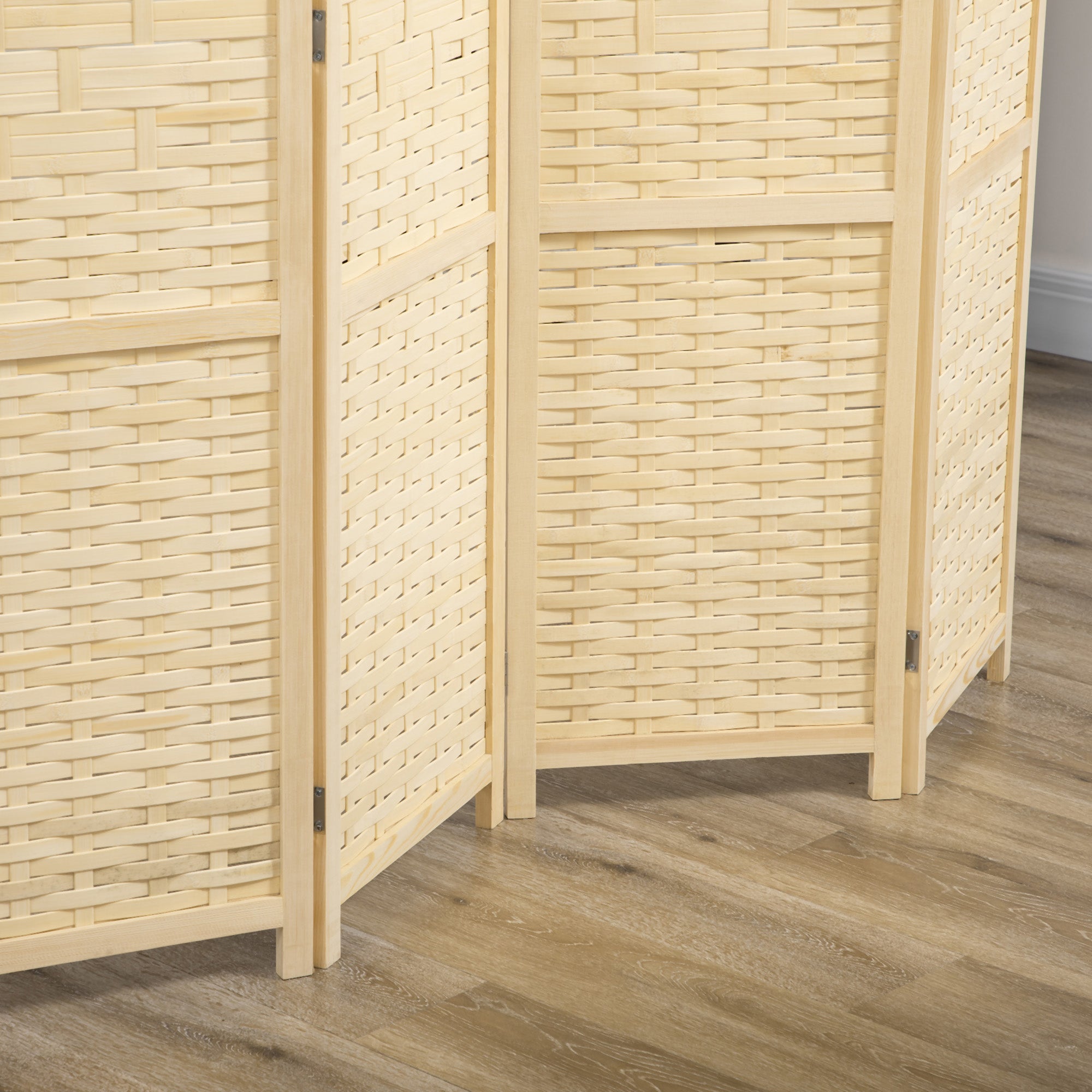 Indoor 4-Panel Wooden and Bamboo Woven Screen Divider, Folding Space-Saving Partition, Height 170cm, Natural