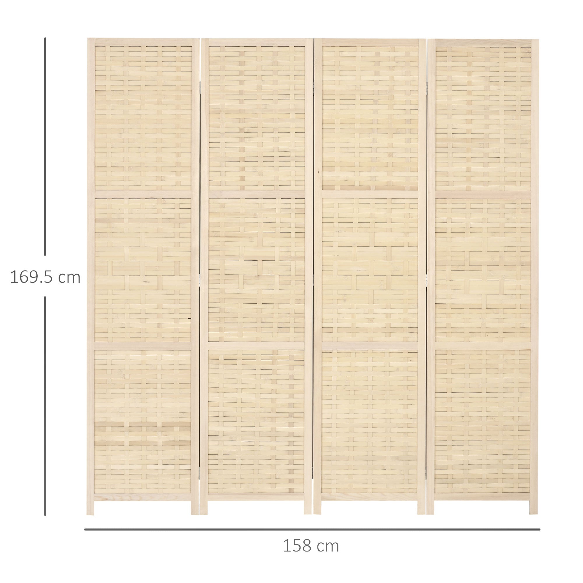 Indoor 4-Panel Wooden and Bamboo Woven Screen Divider, Folding Space-Saving Partition, Height 170cm, Natural