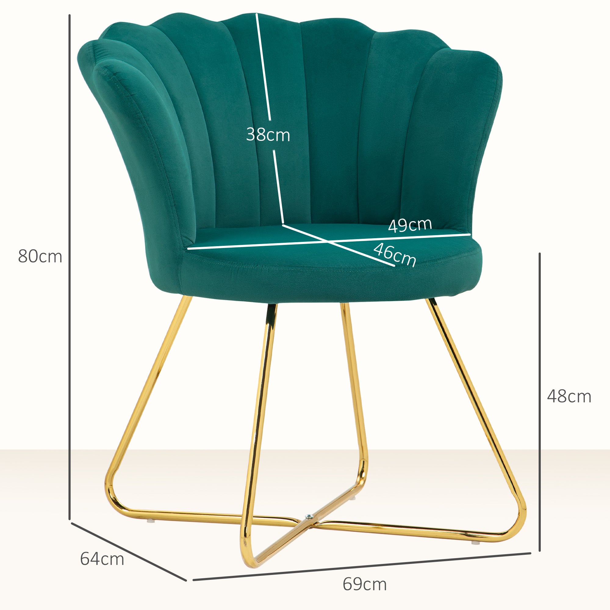 Shell Chair Velvet Dressing Chair Lounge Chair with Steel Legs for Living Room and Bedroom 69 x 64 x 80 cm Dark Green