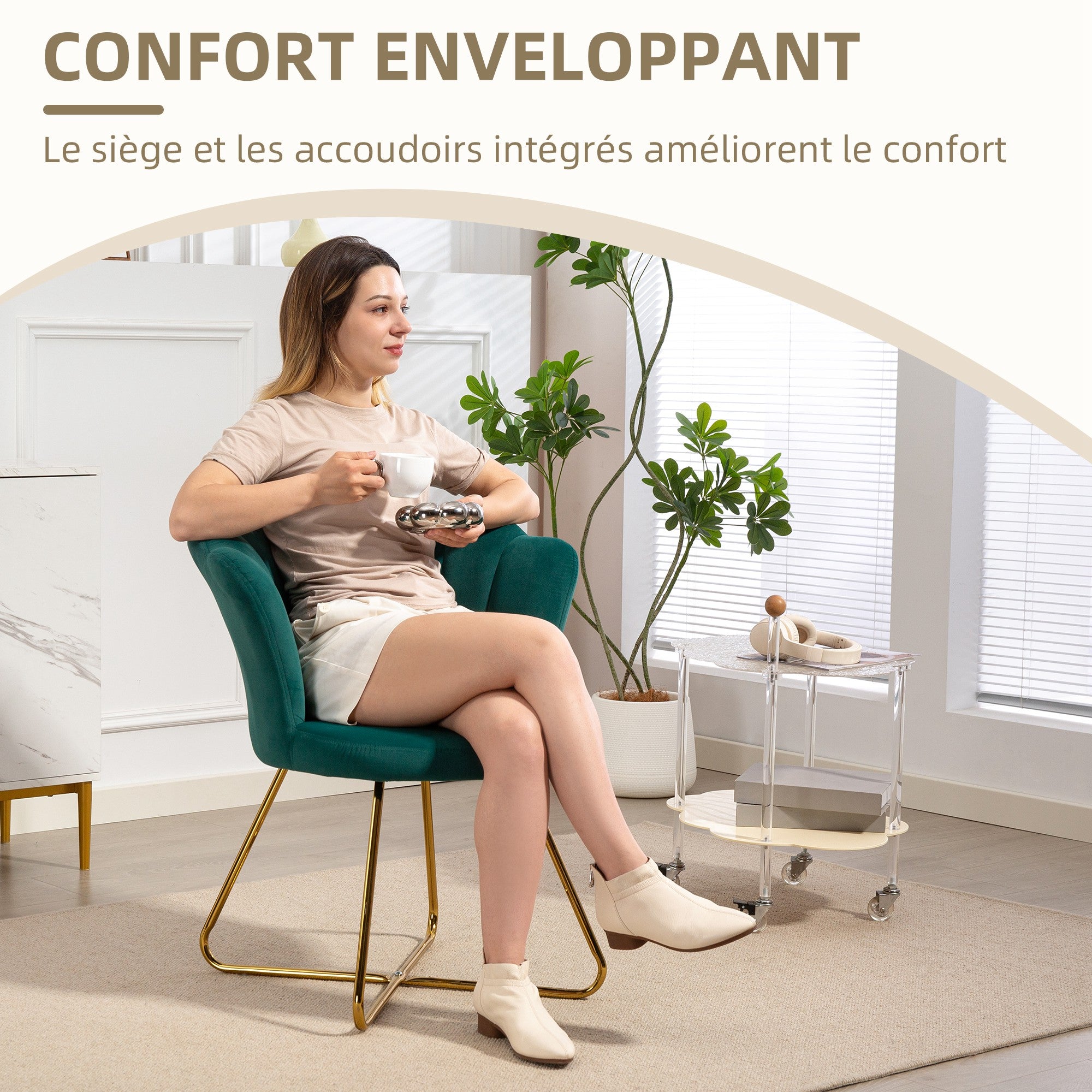 Shell Chair Velvet Dressing Chair Lounge Chair with Steel Legs for Living Room and Bedroom 69 x 64 x 80 cm Dark Green