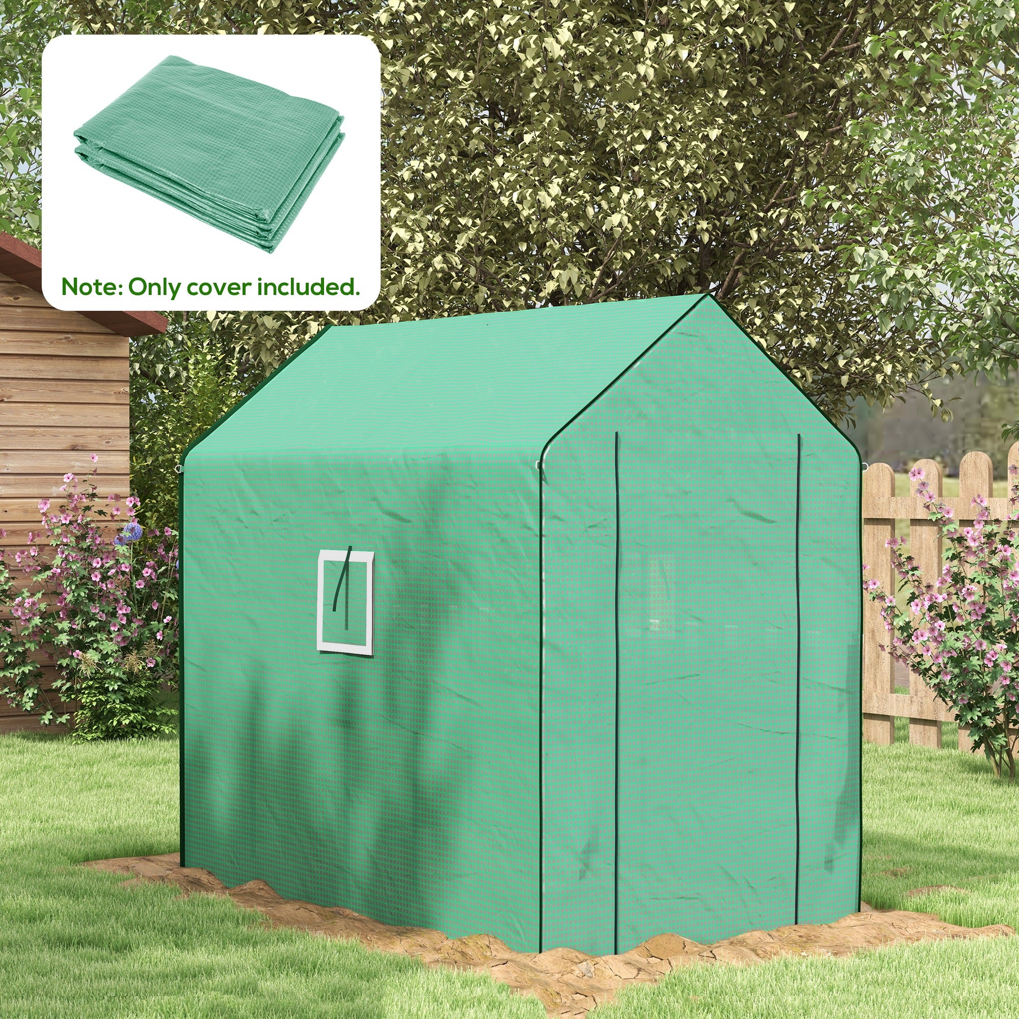 Replacement Greenhouse Cover with UV Protection, Side Window, Replacement Cover with Roll-Up Door, PE Cover for Tunnel Greenhouse, 140 x 213 x 190 cm, Green