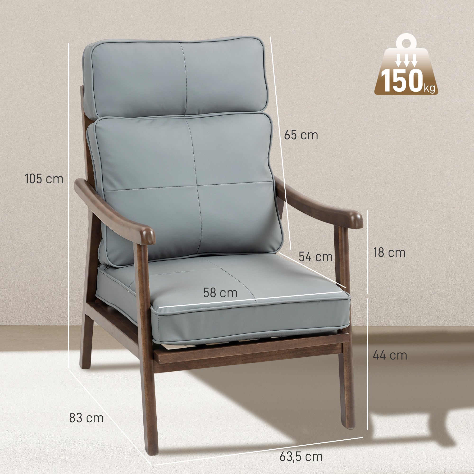 Living Room Armchair Lounge Chair Upholstered in PU with Wooden Frame Thick Padded Cushions High Backrest 150 kg Load Reading Chair for Living Room Bedroom Gray and Walnut Wood