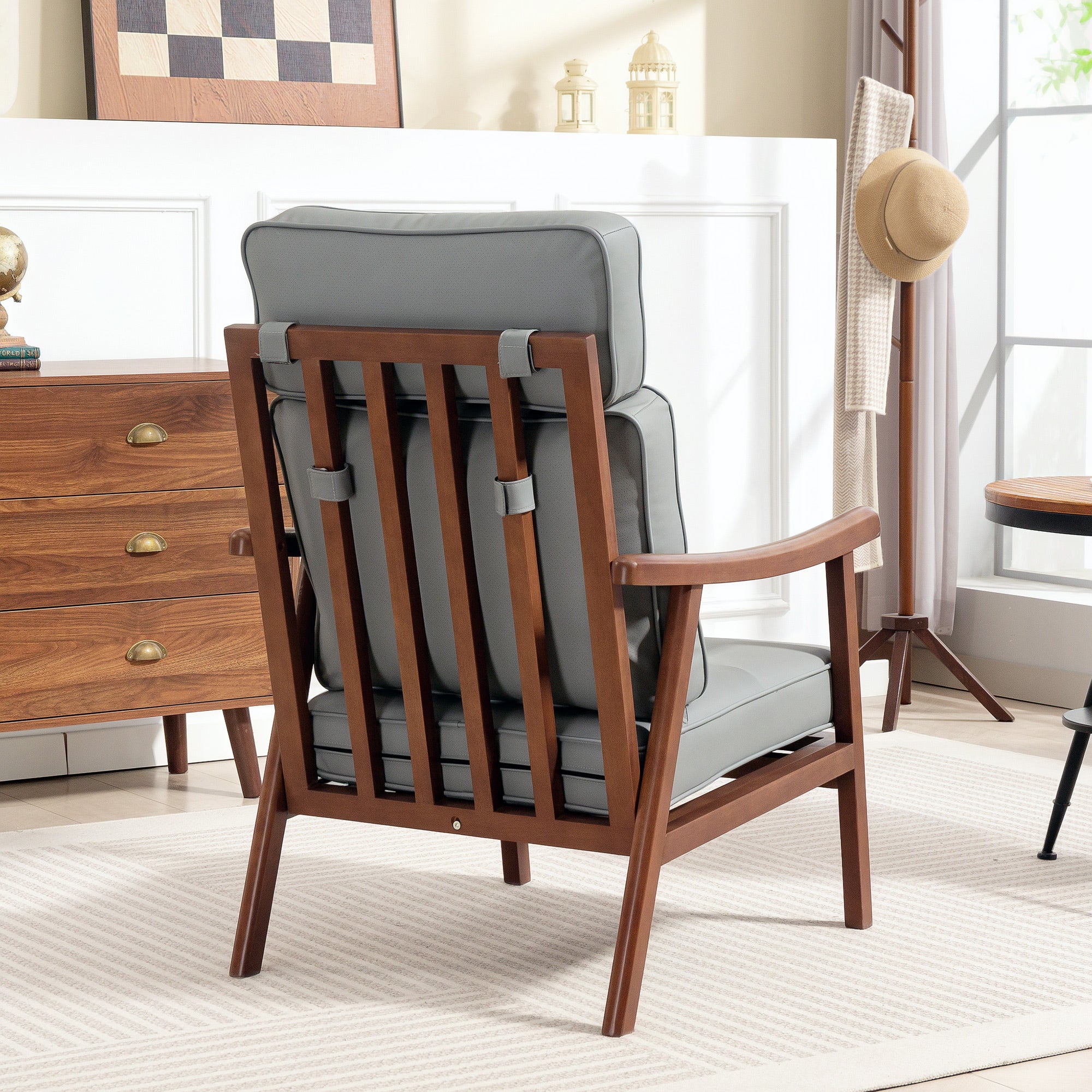 Living Room Armchair Lounge Chair Upholstered in PU with Wooden Frame Thick Padded Cushions High Backrest 150 kg Load Reading Chair for Living Room Bedroom Gray and Walnut Wood