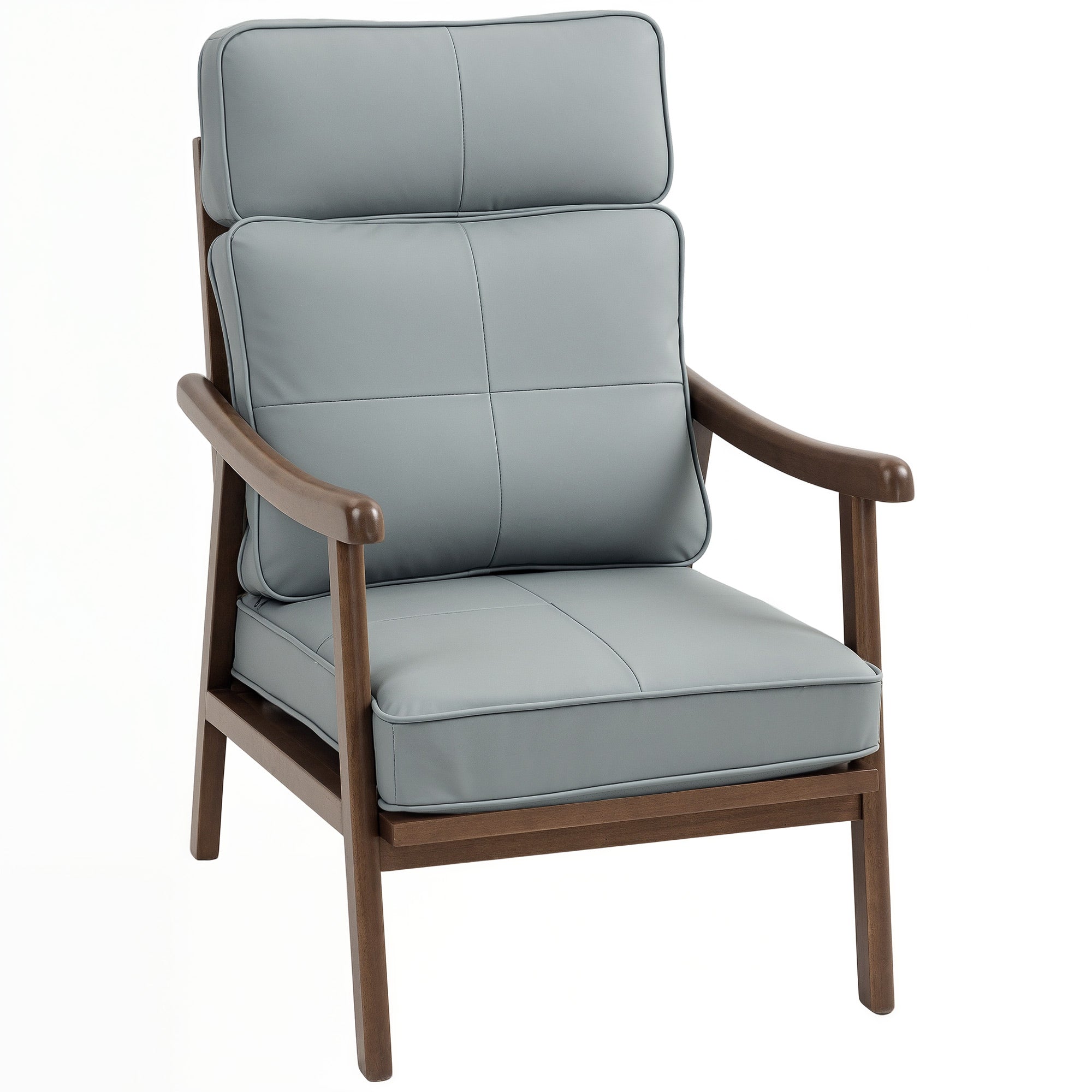 Living Room Armchair Lounge Chair Upholstered in PU with Wooden Frame Thick Padded Cushions High Backrest 150 kg Load Reading Chair for Living Room Bedroom Gray and Walnut Wood