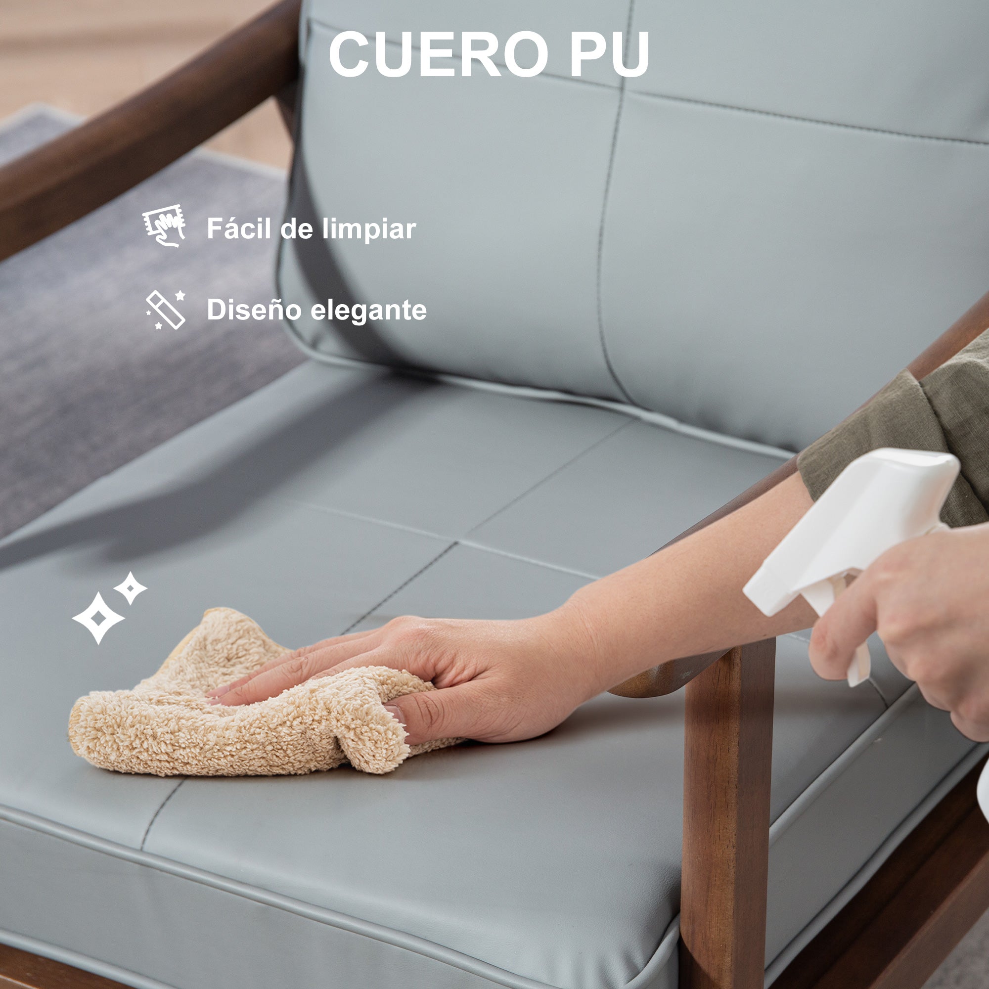 Living Room Armchair Lounge Chair Upholstered in PU with Wooden Frame Thick Padded Cushions High Backrest 150 kg Load Reading Chair for Living Room Bedroom Gray and Walnut Wood