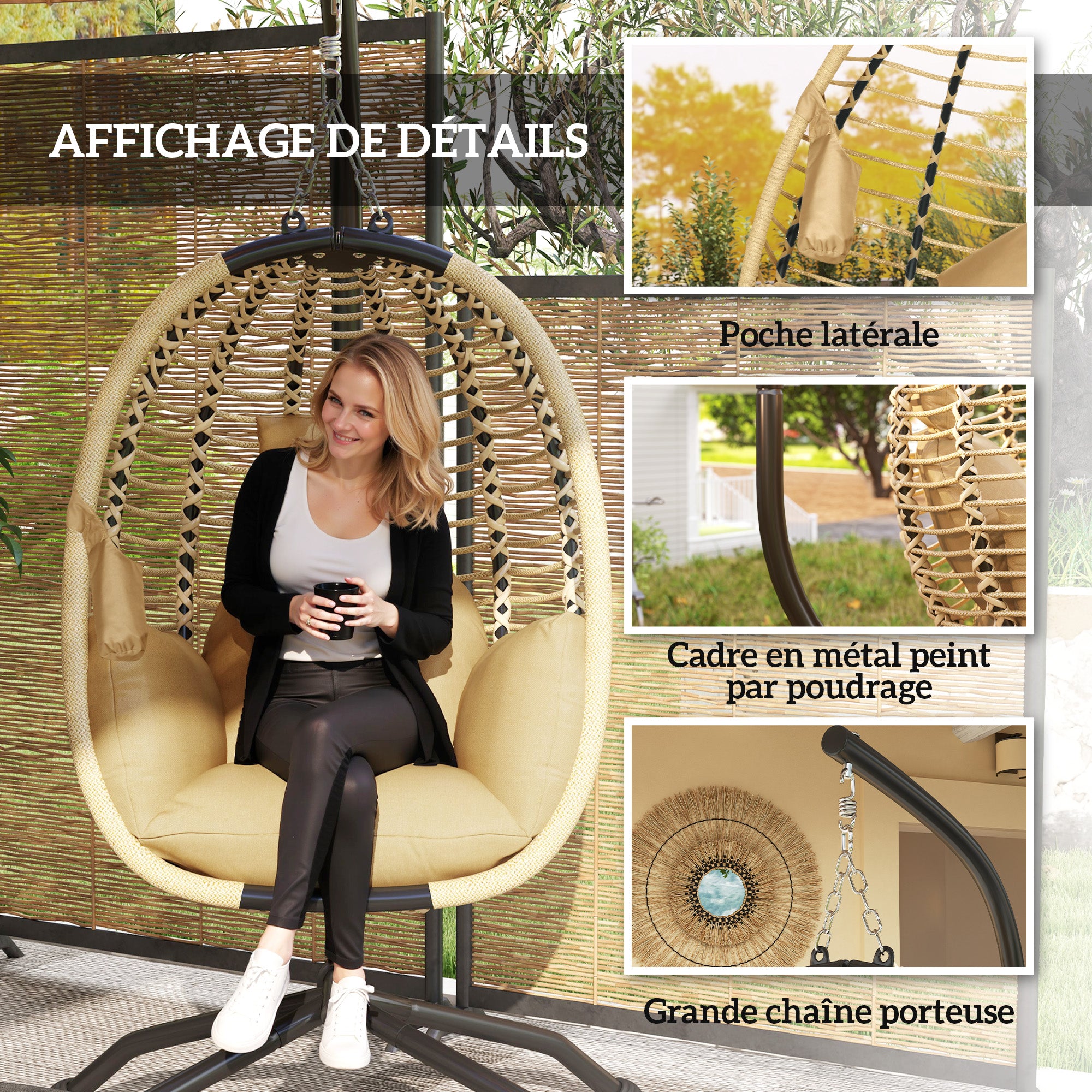 Folding Hanging Egg Chair Swing with Cushion and Stand Indoor Outdoor Use Metal Polypropylene Rope Beige 110L x 100W x 188H cm
