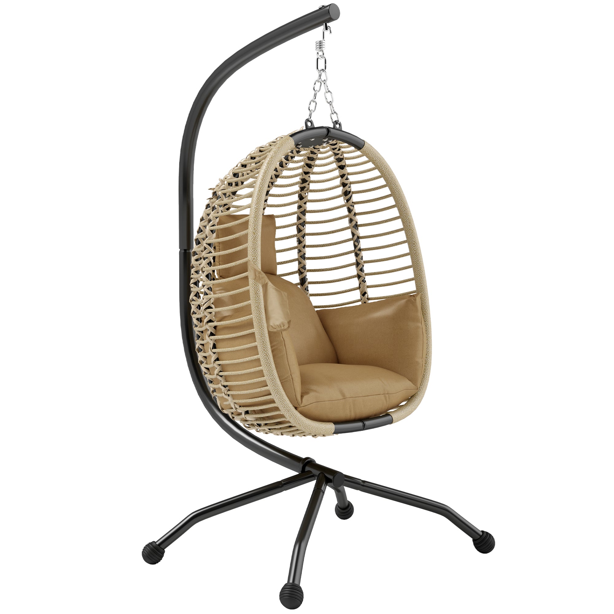 Folding Hanging Egg Chair Swing with Cushion and Stand Indoor Outdoor Use Metal Polypropylene Rope Beige 110L x 100W x 188H cm