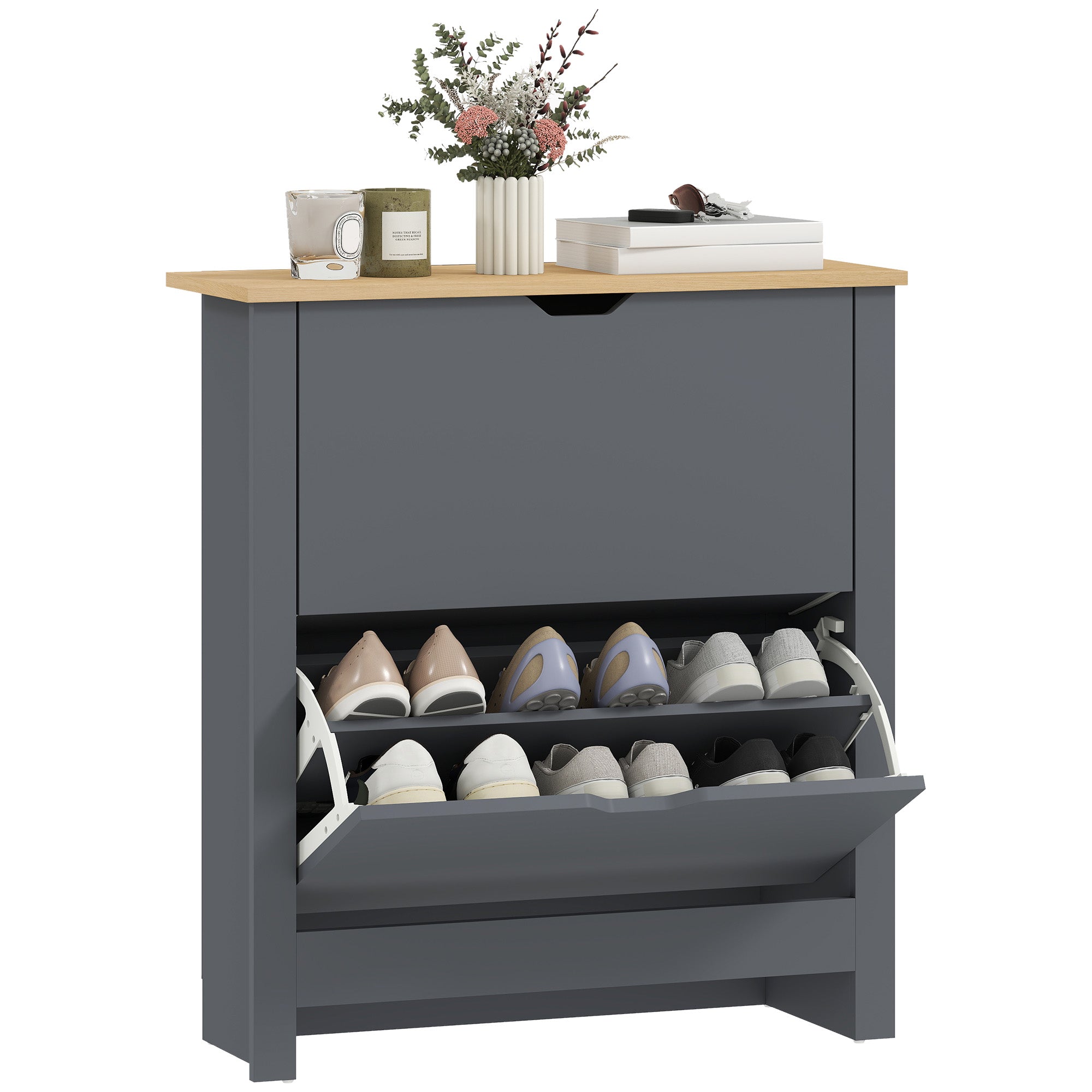 Shoe Cabinet with 2 Tilt-Out Compartments, Narrow Shoe Storage with Adjustable Divider, Holds up to 12 Pairs — 28.3 x 10.2 x 31.5 in (72 x 26 x 80 cm), Dark Gray