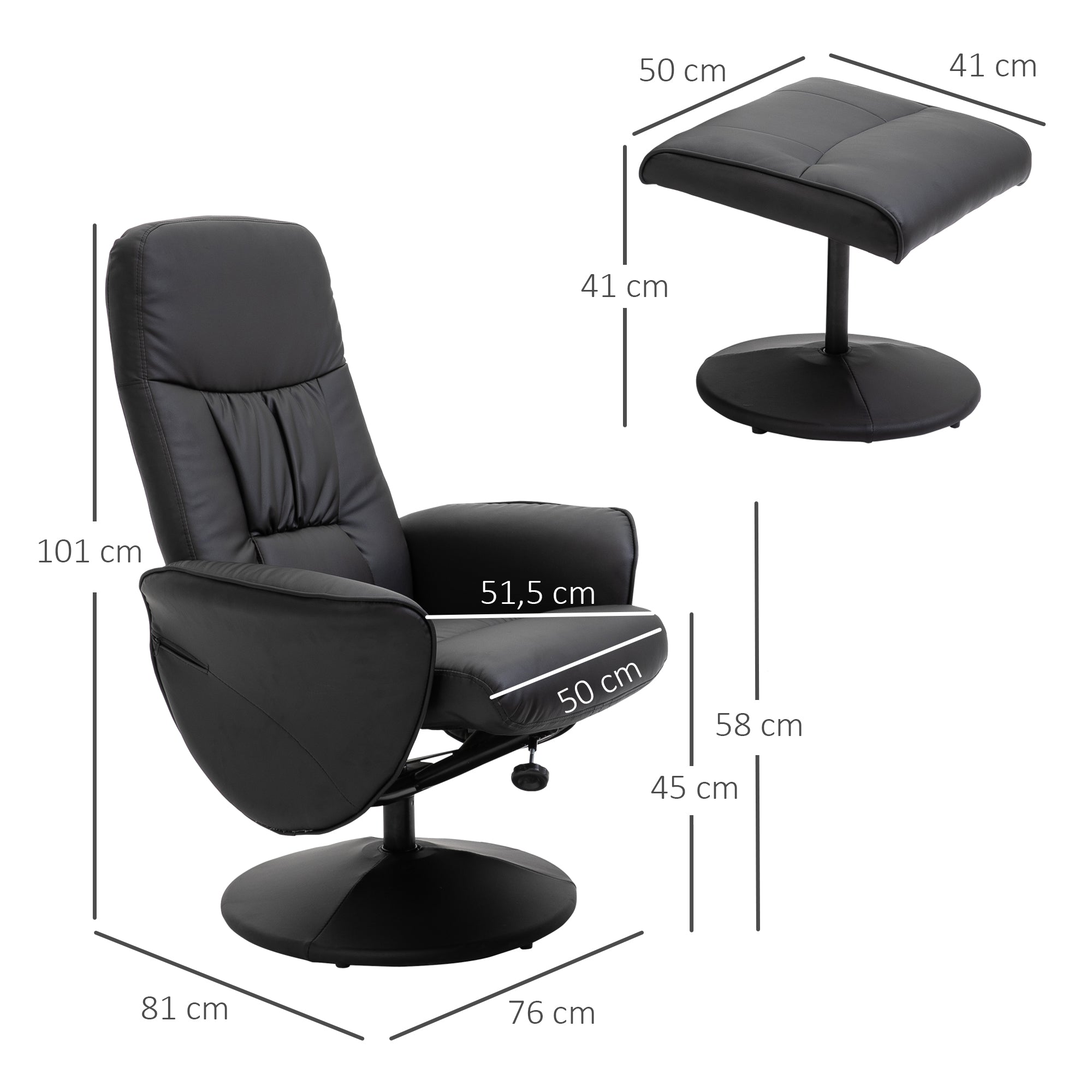 Living Room Chair with Ottoman Footrest Upholstered in PU Reclining Relax Chair up to 145° and 360° Swivel with Adjustable Back for Living Room Bedroom Office 76x81x101 cm Black