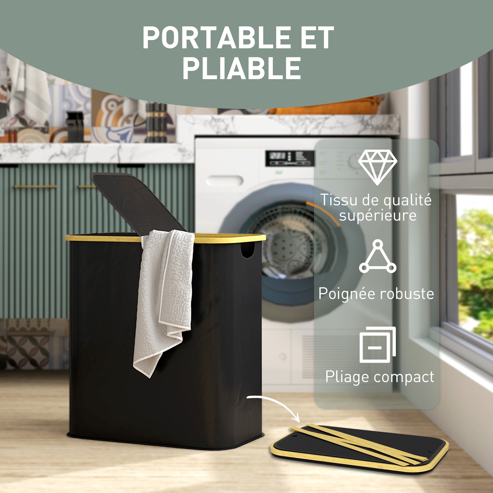 Double Folding Laundry Basket 80 L Dirty Laundry Hamper with Lid, Grooved Handles, Laundry Bin for Bathroom, Bedroom, Laundry Room, Black