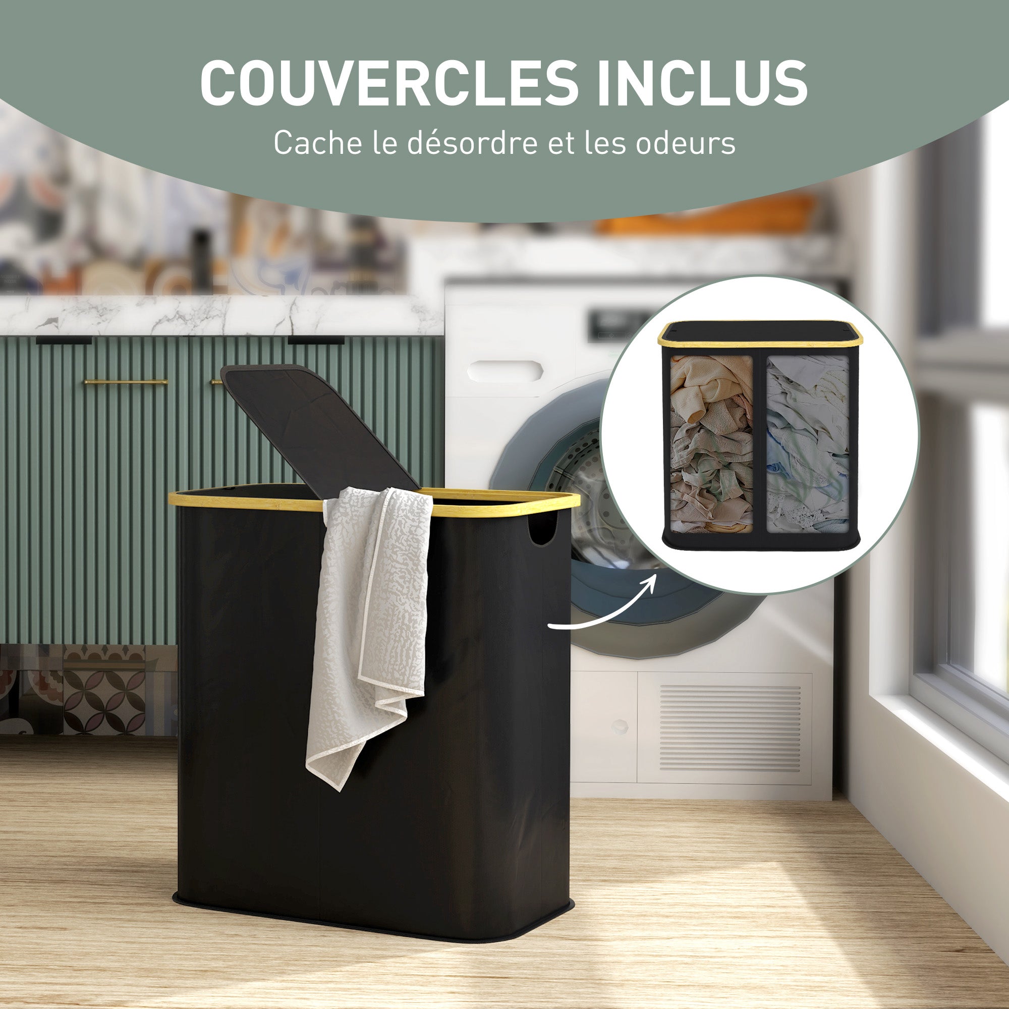 Double Folding Laundry Basket 80 L Dirty Laundry Hamper with Lid, Grooved Handles, Laundry Bin for Bathroom, Bedroom, Laundry Room, Black