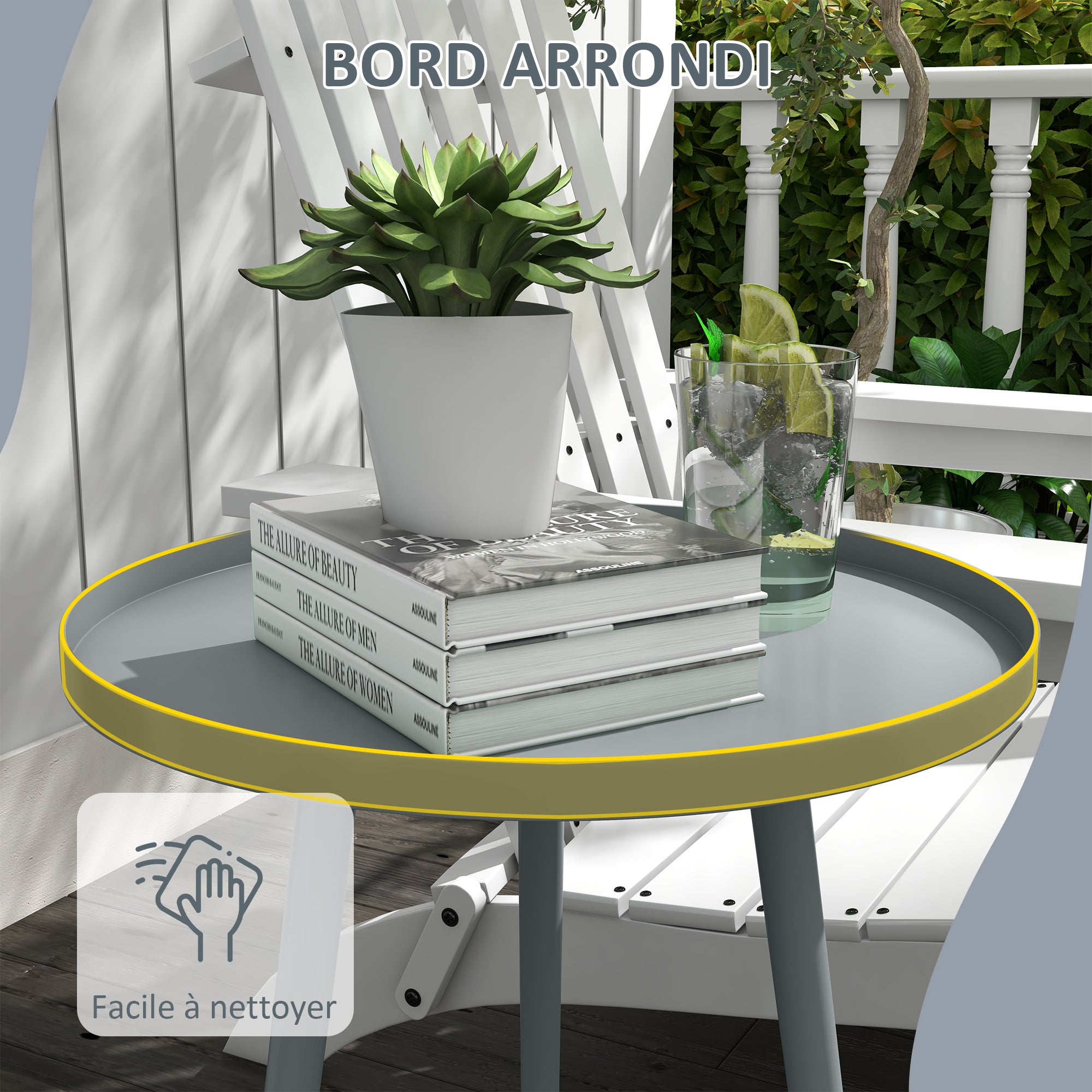 Round Garden Coffee Table, Outdoor Side Table with Rounded Steel Edge, dim. Ø40 x 50H cm gray