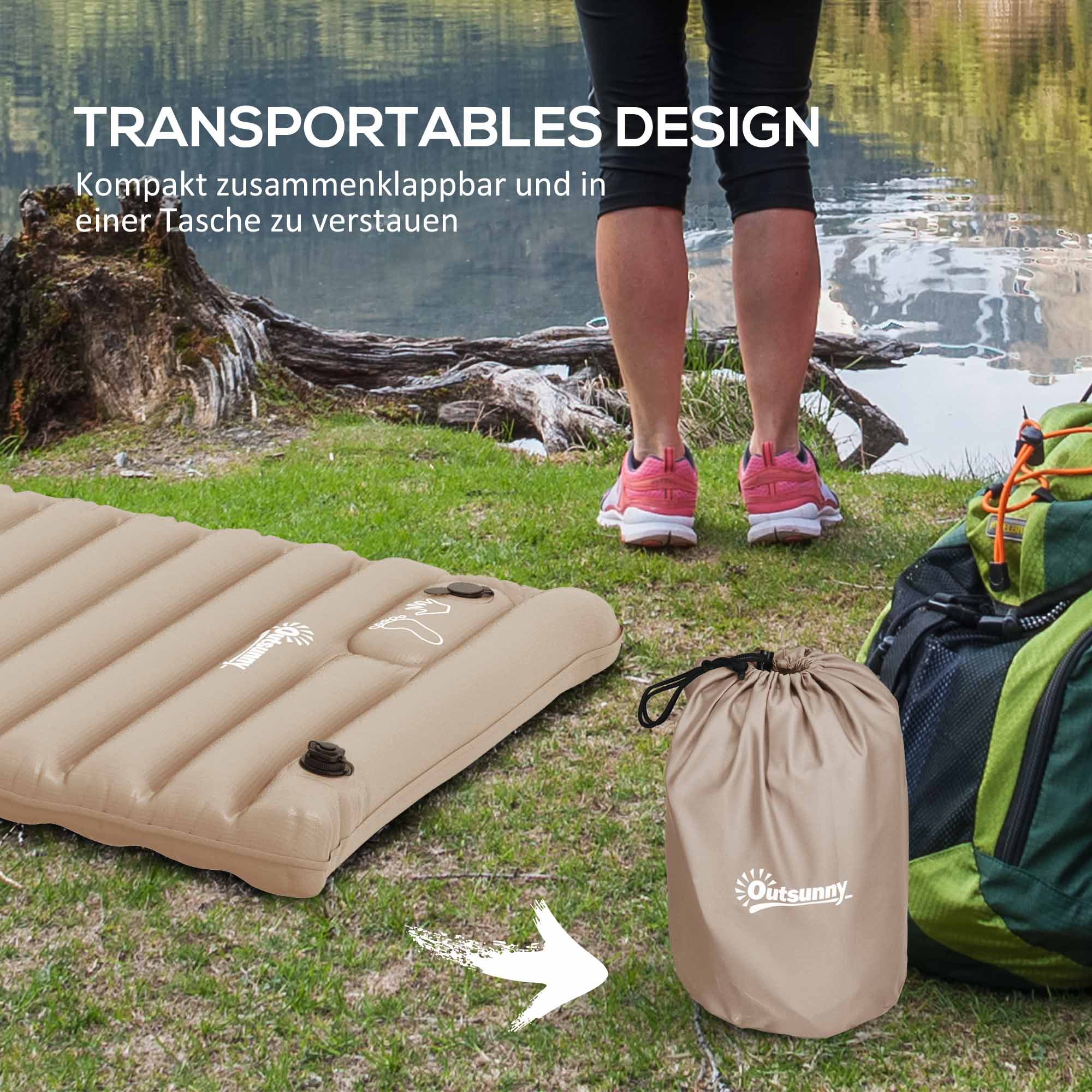 Camping Air Mattress, Inflatable Mattress with Foot Pump, Water-Resistant Air Bed with Carrying Bag, Sleeping Pad for Garden, Holds up to 120 kg, Khaki