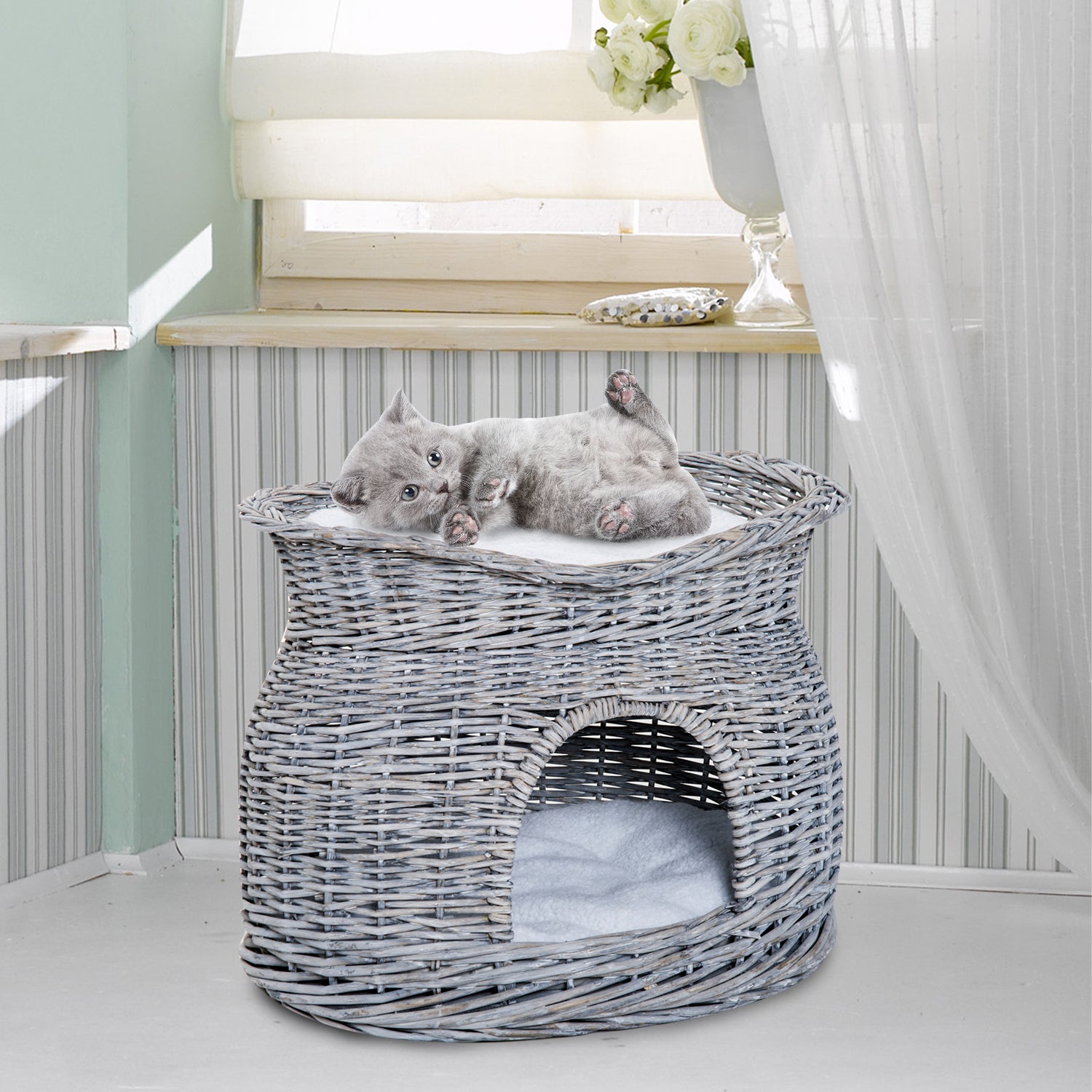 Rattan Wicker Cat Basket with 2 Soft Cushions Cat House Pet Bed made of Water Hyacinth for Living Room Gray 56 x 37 x 40 cm