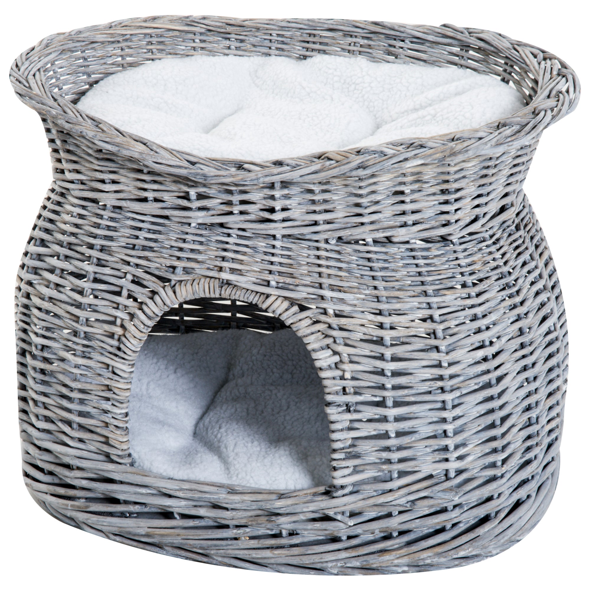Rattan Wicker Cat Basket with 2 Soft Cushions Cat House Pet Bed made of Water Hyacinth for Living Room Gray 56 x 37 x 40 cm