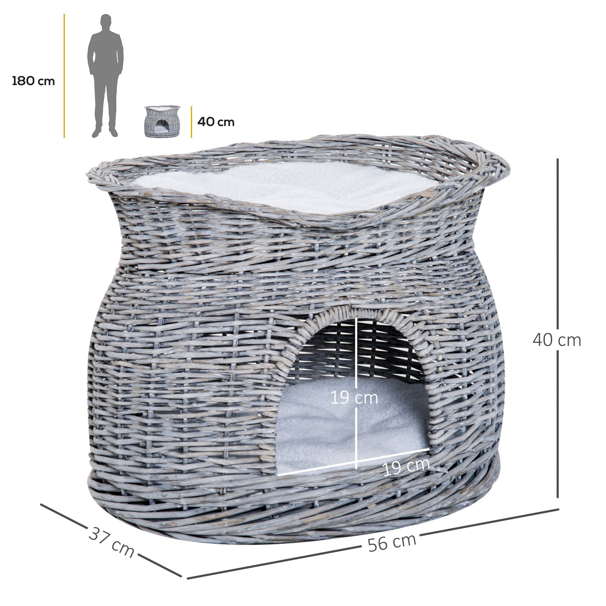 Rattan Wicker Cat Basket with 2 Soft Cushions Cat House Pet Bed made of Water Hyacinth for Living Room Gray 56 x 37 x 40 cm
