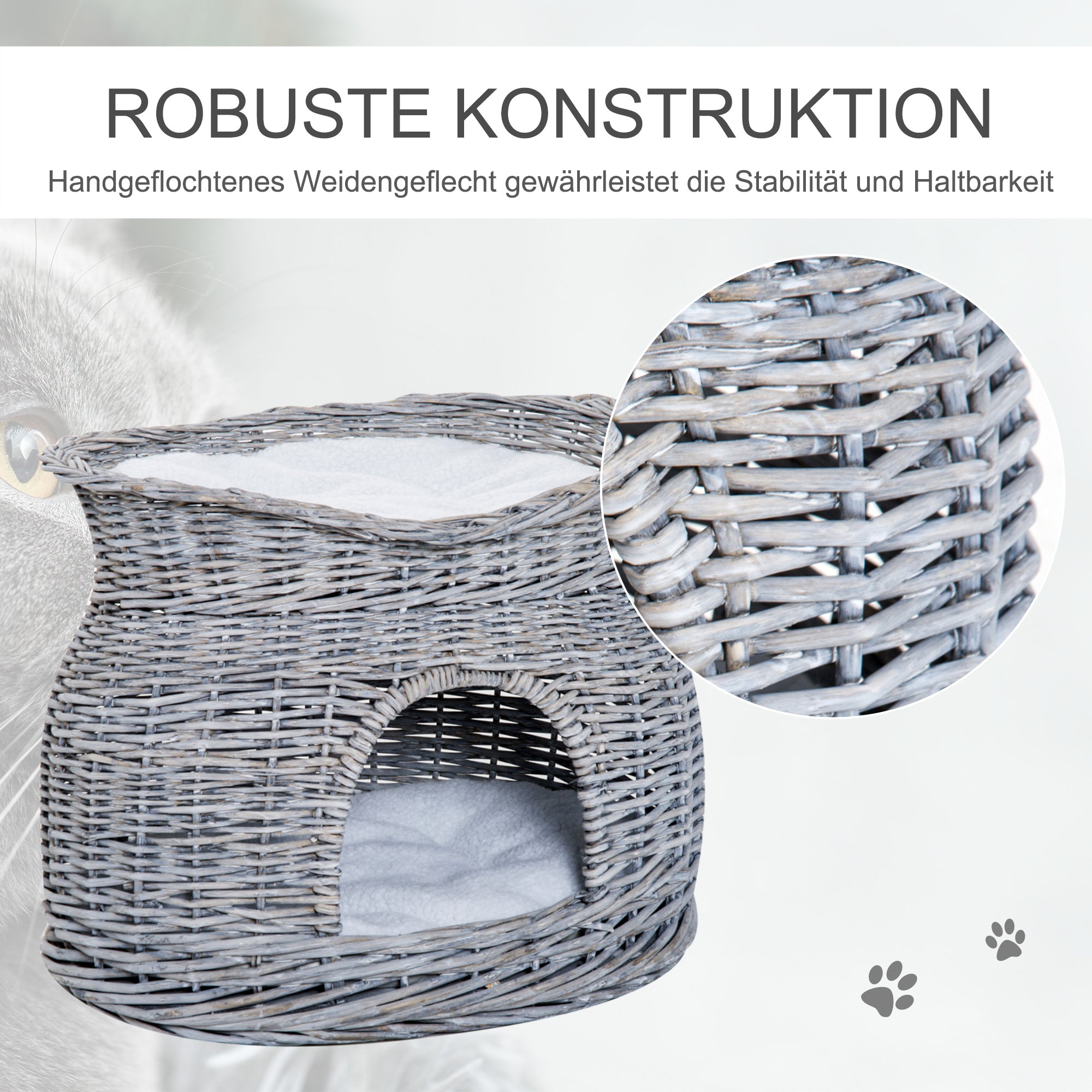 Rattan Wicker Cat Basket with 2 Soft Cushions Cat House Pet Bed made of Water Hyacinth for Living Room Gray 56 x 37 x 40 cm