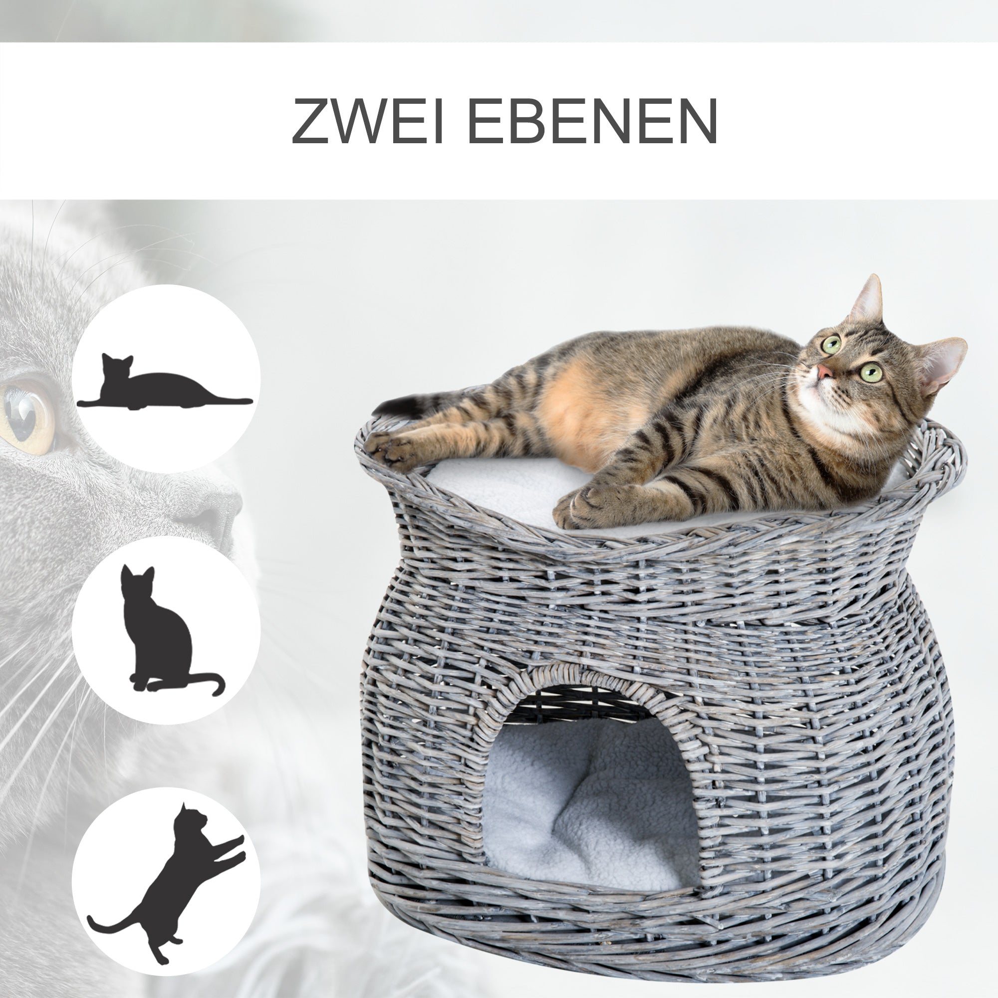 Rattan Wicker Cat Basket with 2 Soft Cushions Cat House Pet Bed made of Water Hyacinth for Living Room Gray 56 x 37 x 40 cm