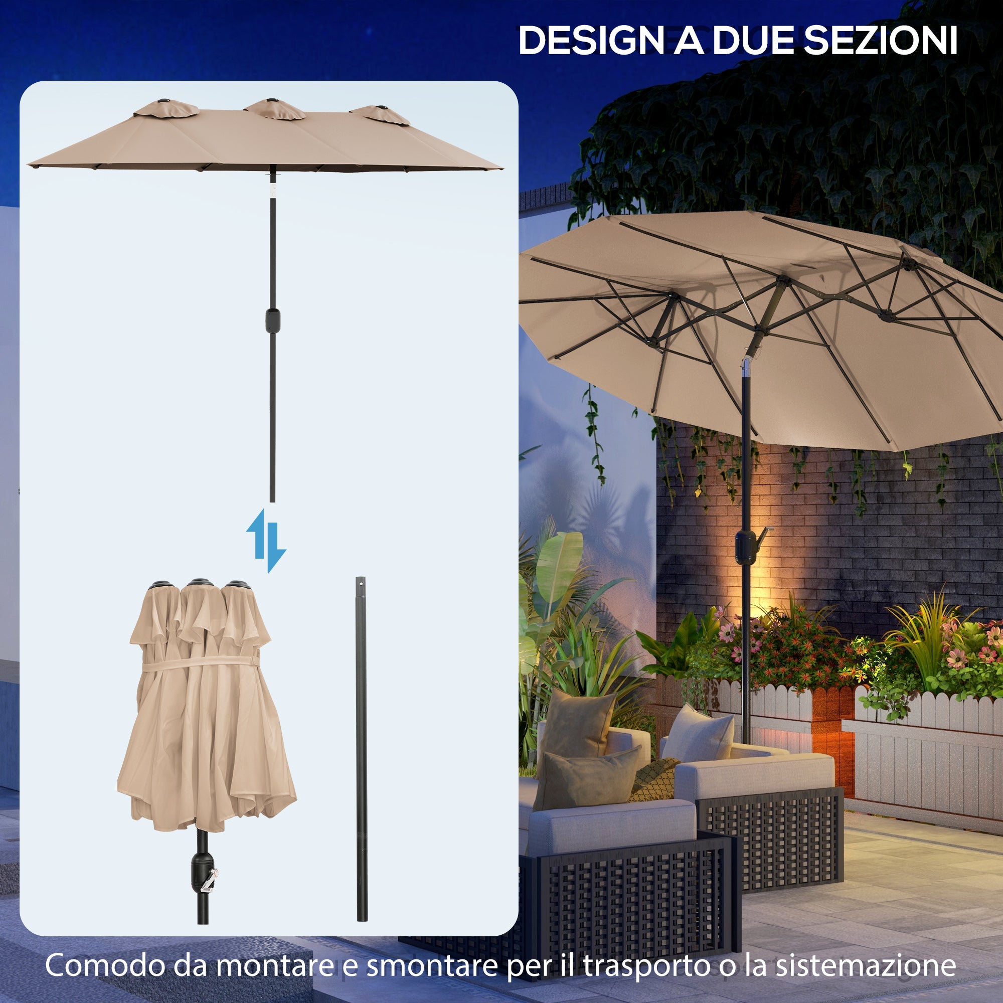 Double Tilt Garden Umbrella with 45° Tilt, Crank, and 3 Air Vents, Steel and Polyester Outdoor Umbrella, 295x152x222 cm, Coffee