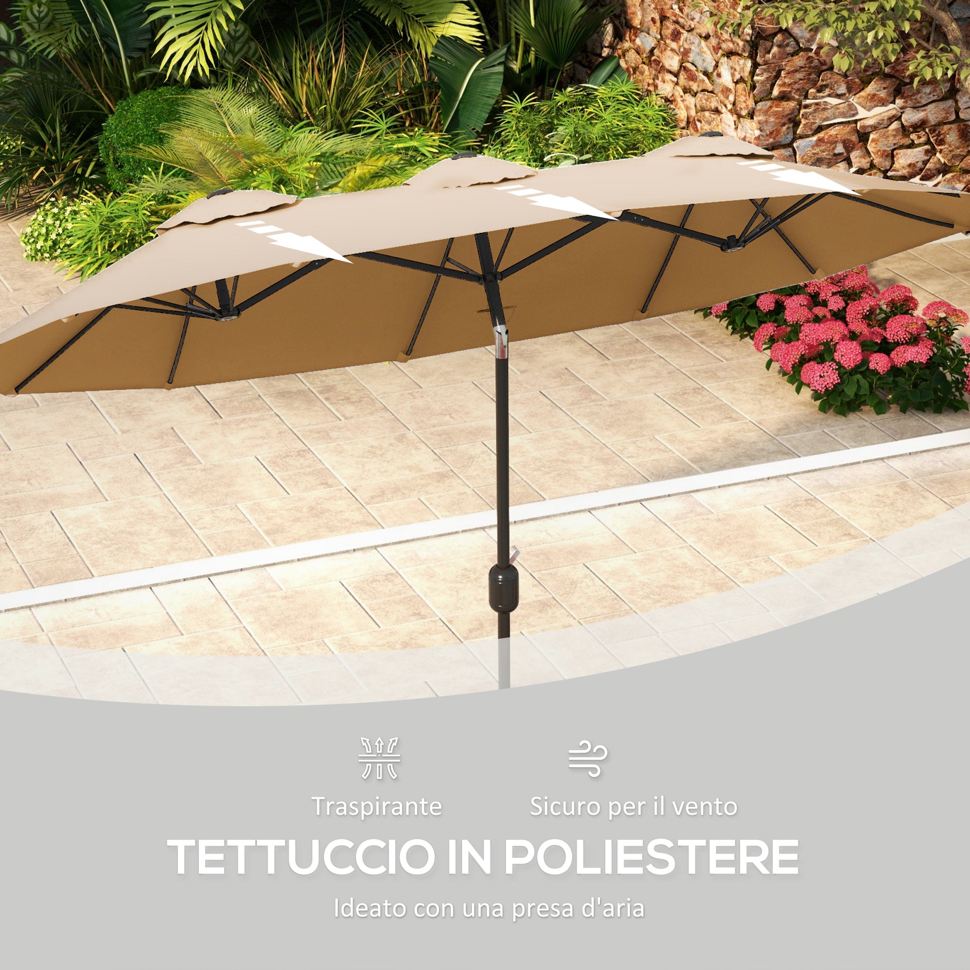 Double Tilt Garden Umbrella with 45° Tilt, Crank, and 3 Air Vents, Steel and Polyester Outdoor Umbrella, 295x152x222 cm, Coffee