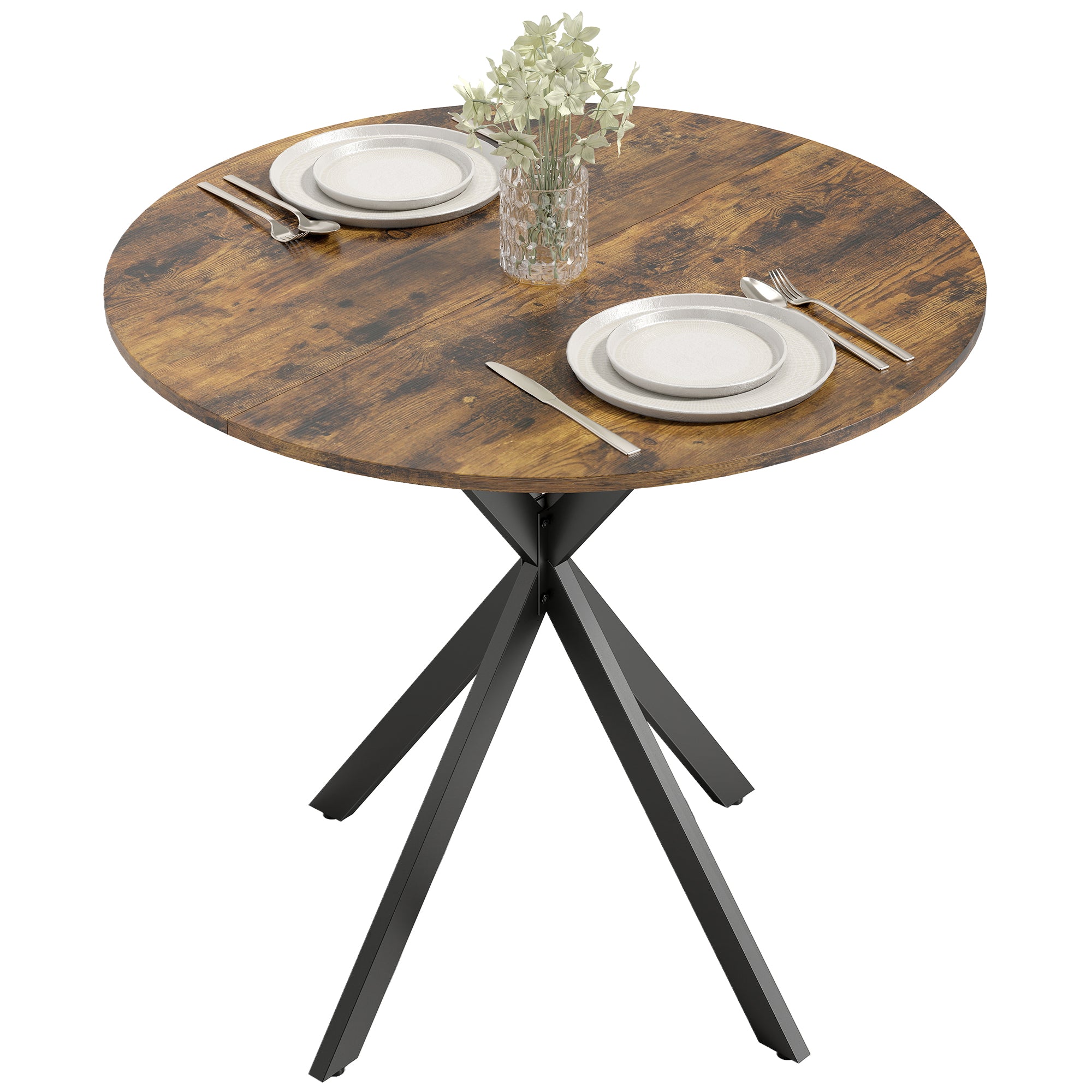 Round Dining Table (31.5 in Ø) Industrial Style with Steel Legs — Kitchen, Dining, Home Office, Rustic Brown