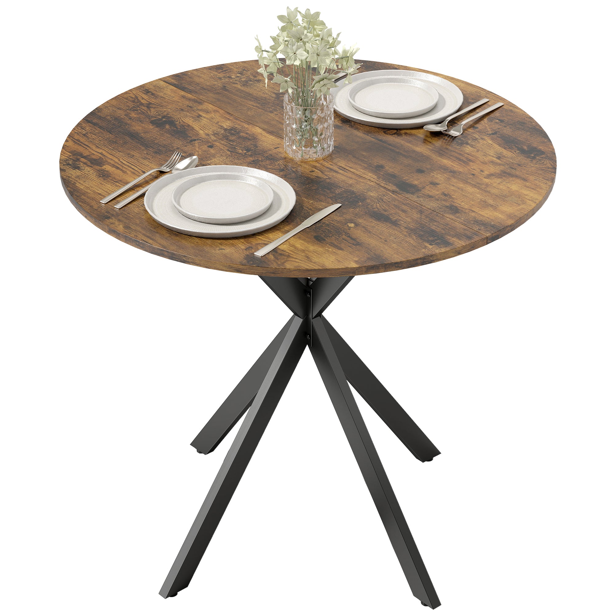 Round Dining Table (31.5 in Ø) Industrial Style with Steel Legs — Kitchen, Dining, Home Office, Rustic Brown