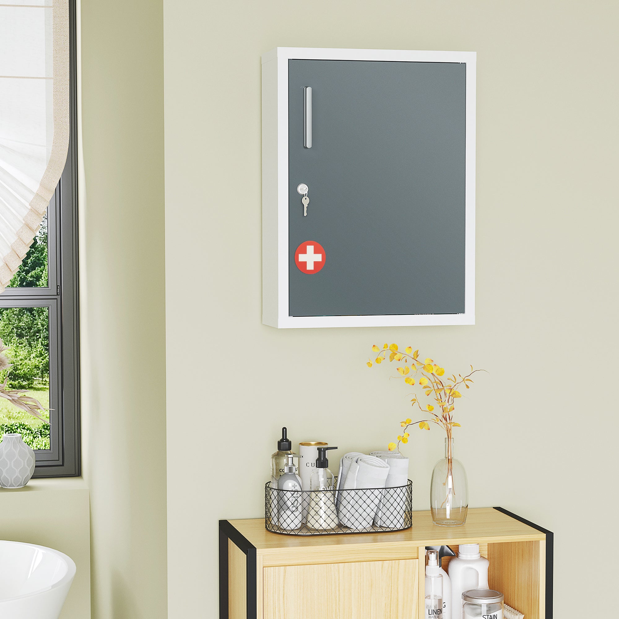 Wall-mounted Medicine Cabinet Medicine Cabinet with 2 Shelves 3 Levels Lockable Door 2 Keys Steel 40 x 15 x 53.5 cm White and Gray