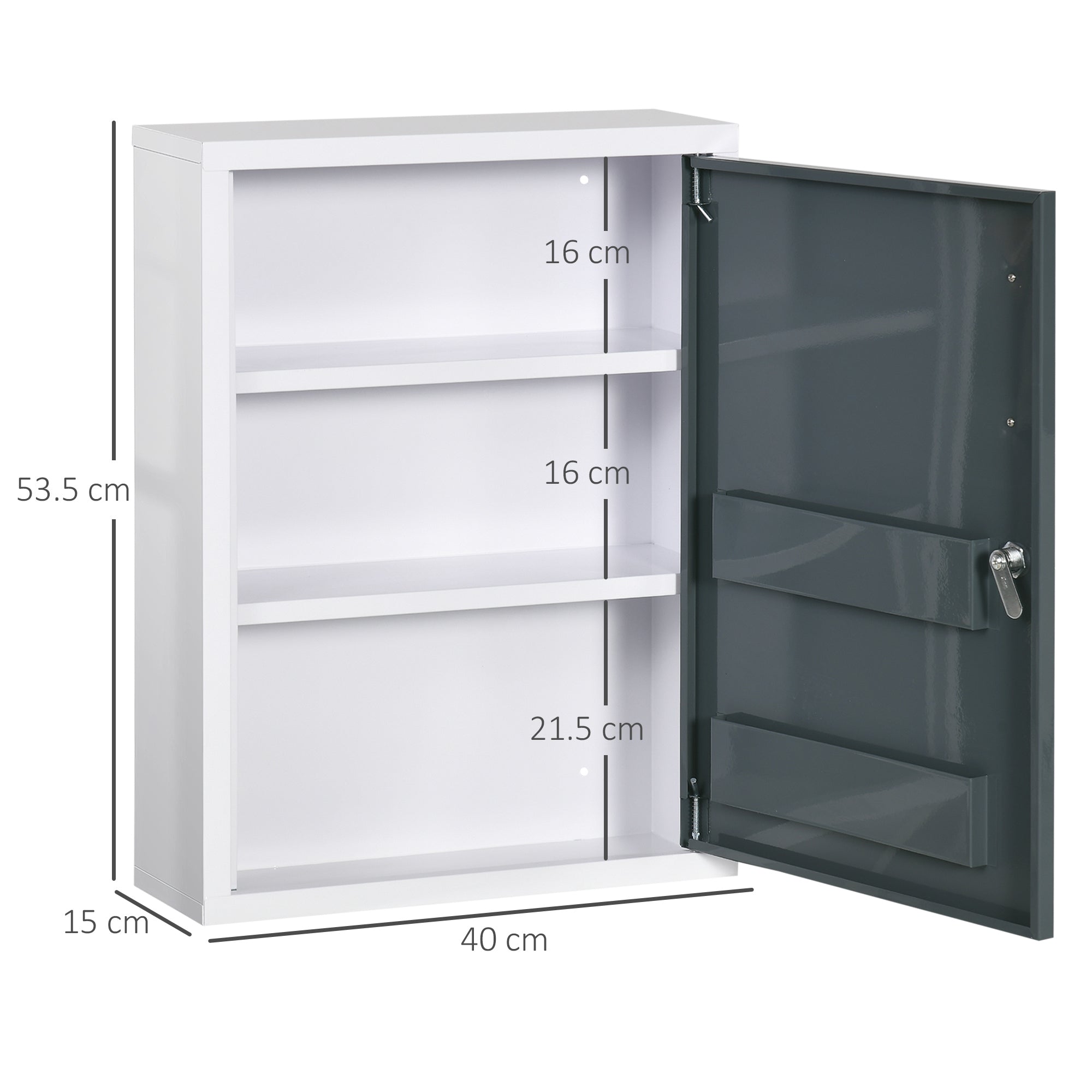 Wall-mounted Medicine Cabinet Medicine Cabinet with 2 Shelves 3 Levels Lockable Door 2 Keys Steel 40 x 15 x 53.5 cm White and Gray