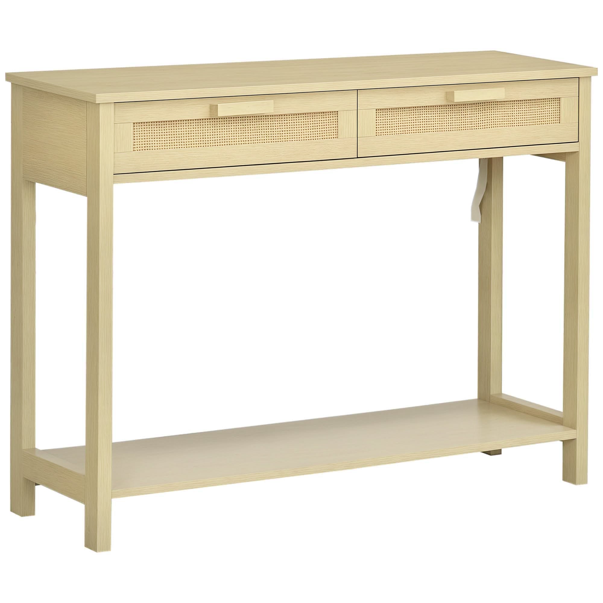 Console Table Entryway Table with 2 Drawers Rattan Surface and Lower Shelf for Hallway Living Room Bedroom Rustic Style 100x30x76 cm Natural