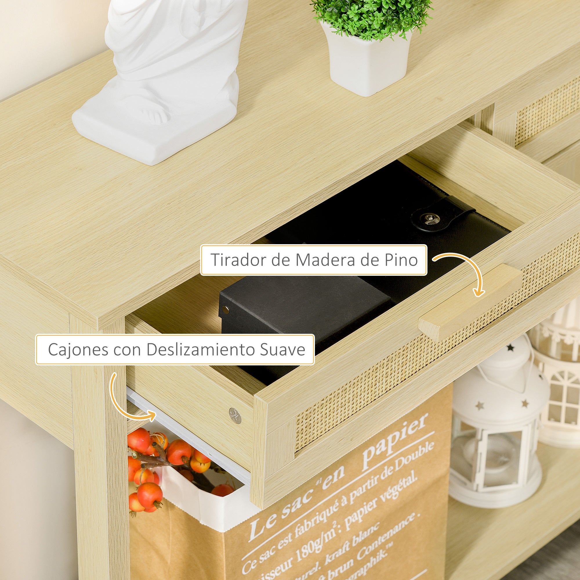 Console Table Entryway Table with 2 Drawers Rattan Surface and Lower Shelf for Hallway Living Room Bedroom Rustic Style 100x30x76 cm Natural