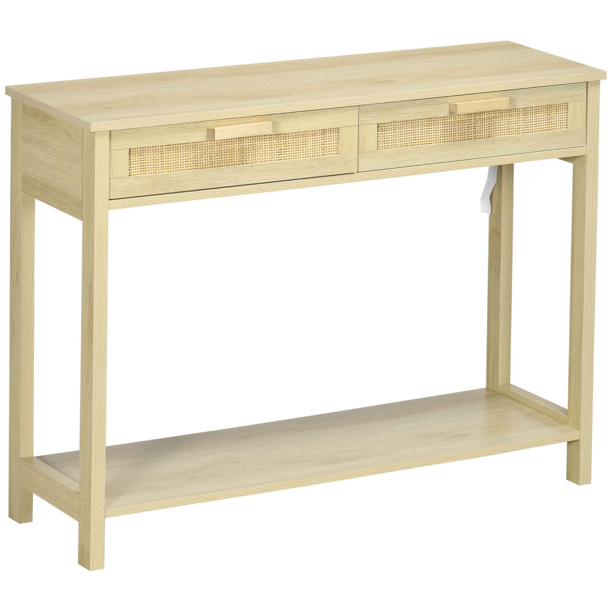 Console Table Entryway Table with 2 Drawers Rattan Surface and Lower Shelf for Hallway Living Room Bedroom Rustic Style 100x30x76 cm Natural
