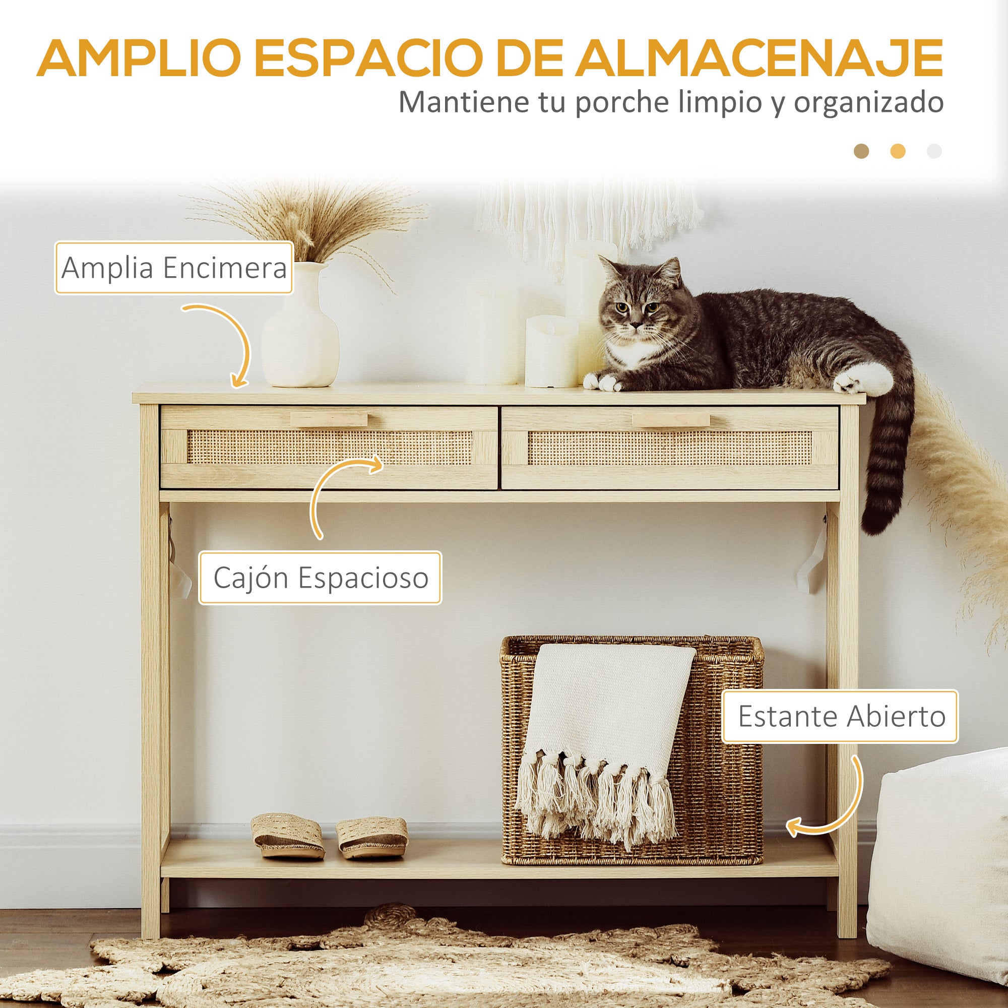 Console Table Entryway Table with 2 Drawers Rattan Surface and Lower Shelf for Hallway Living Room Bedroom Rustic Style 100x30x76 cm Natural