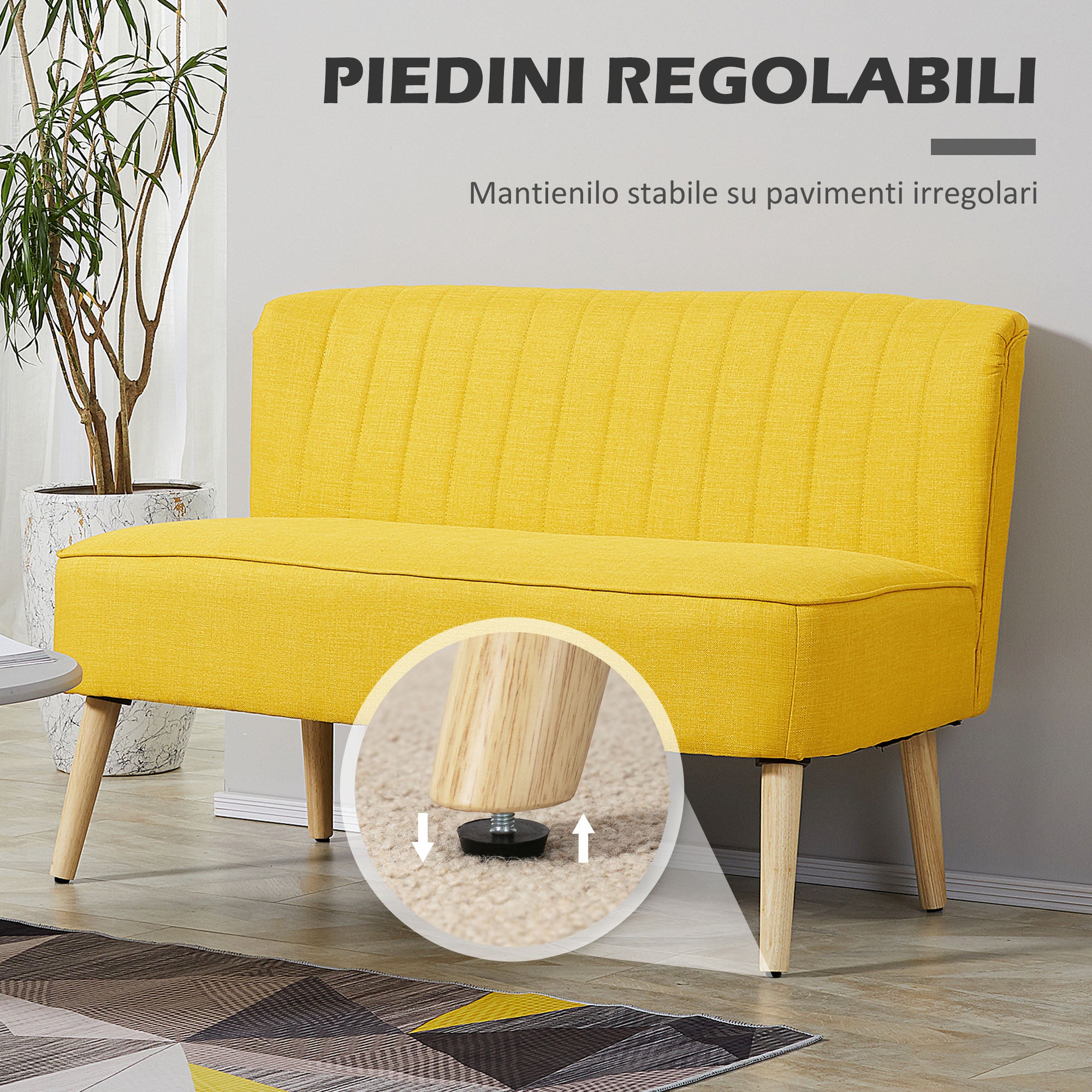 Armless 2-Seater Fabric Sofa with Decorative Stitching — Padded, Space-Saving Modern Sofa with Rubberwood Legs, 46.1 x 22.2 x 30.3 in, Yellow