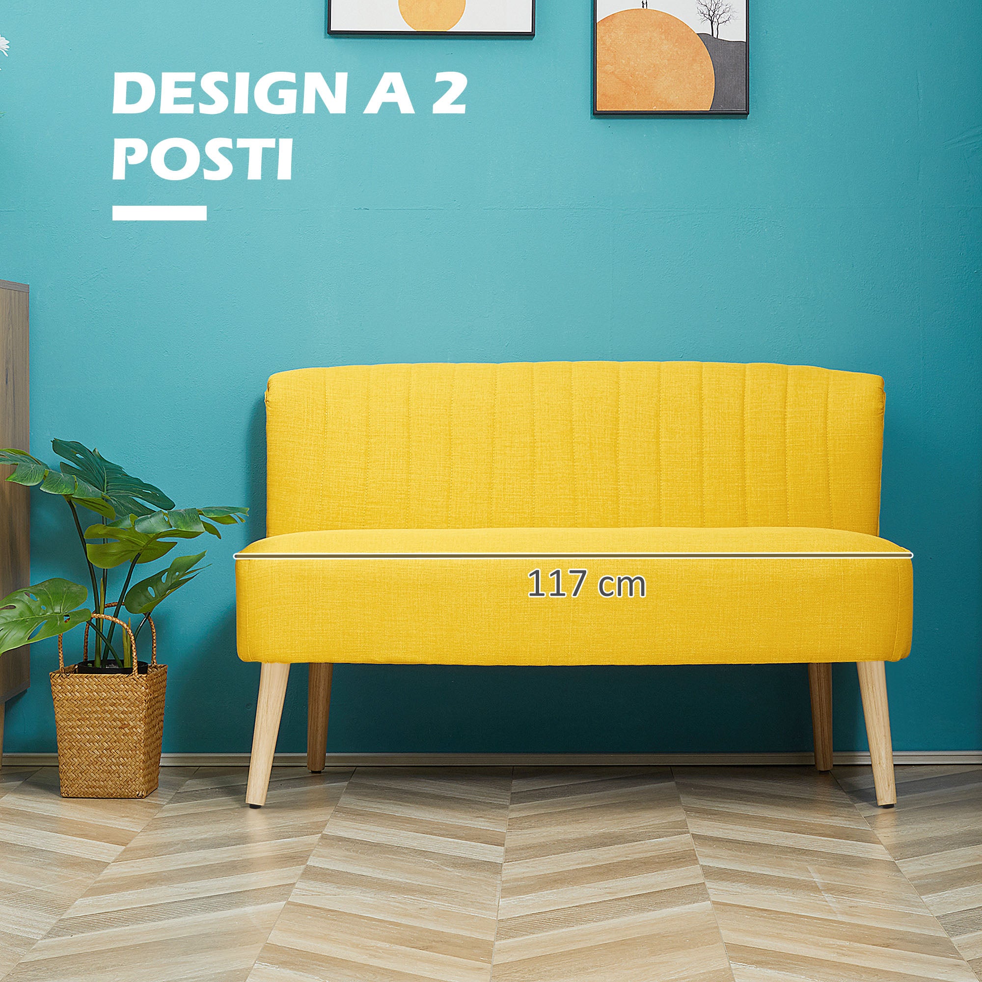 Armless 2-Seater Fabric Sofa with Decorative Stitching — Padded, Space-Saving Modern Sofa with Rubberwood Legs, 46.1 x 22.2 x 30.3 in, Yellow
