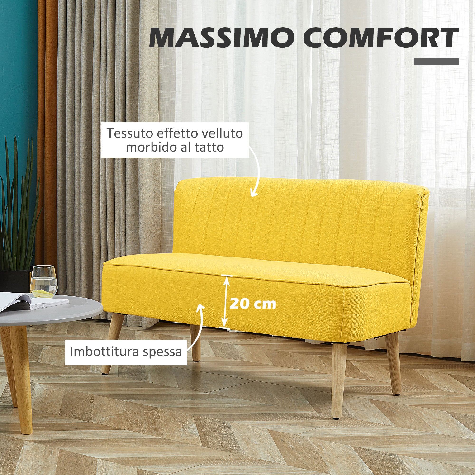Armless 2-Seater Fabric Sofa with Decorative Stitching — Padded, Space-Saving Modern Sofa with Rubberwood Legs, 46.1 x 22.2 x 30.3 in, Yellow