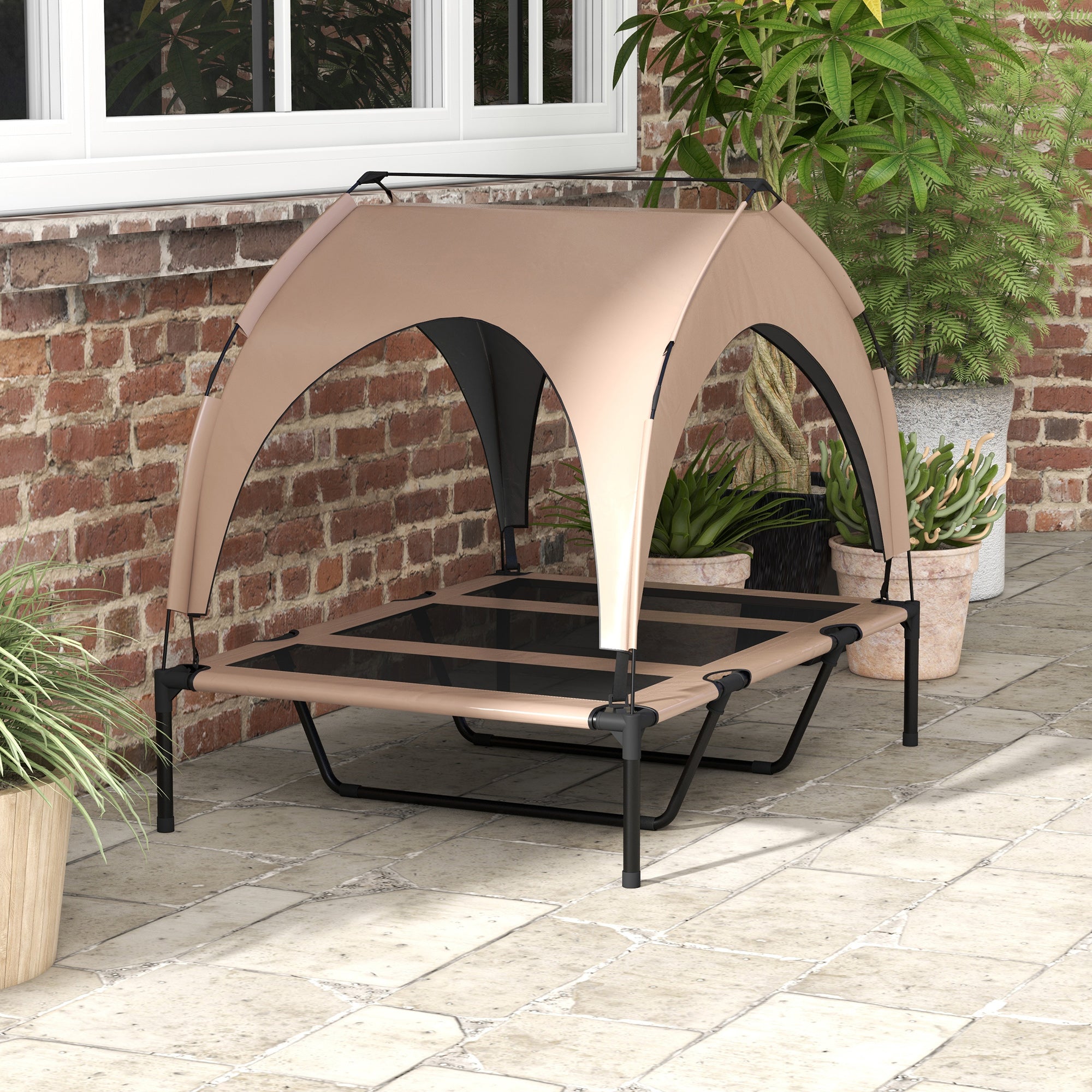 Elevated Dog Bed with Canopy Large Dog Bed with Steel Frame and Carrying Bag for Indoor and Outdoor 106x76x94 cm Brown