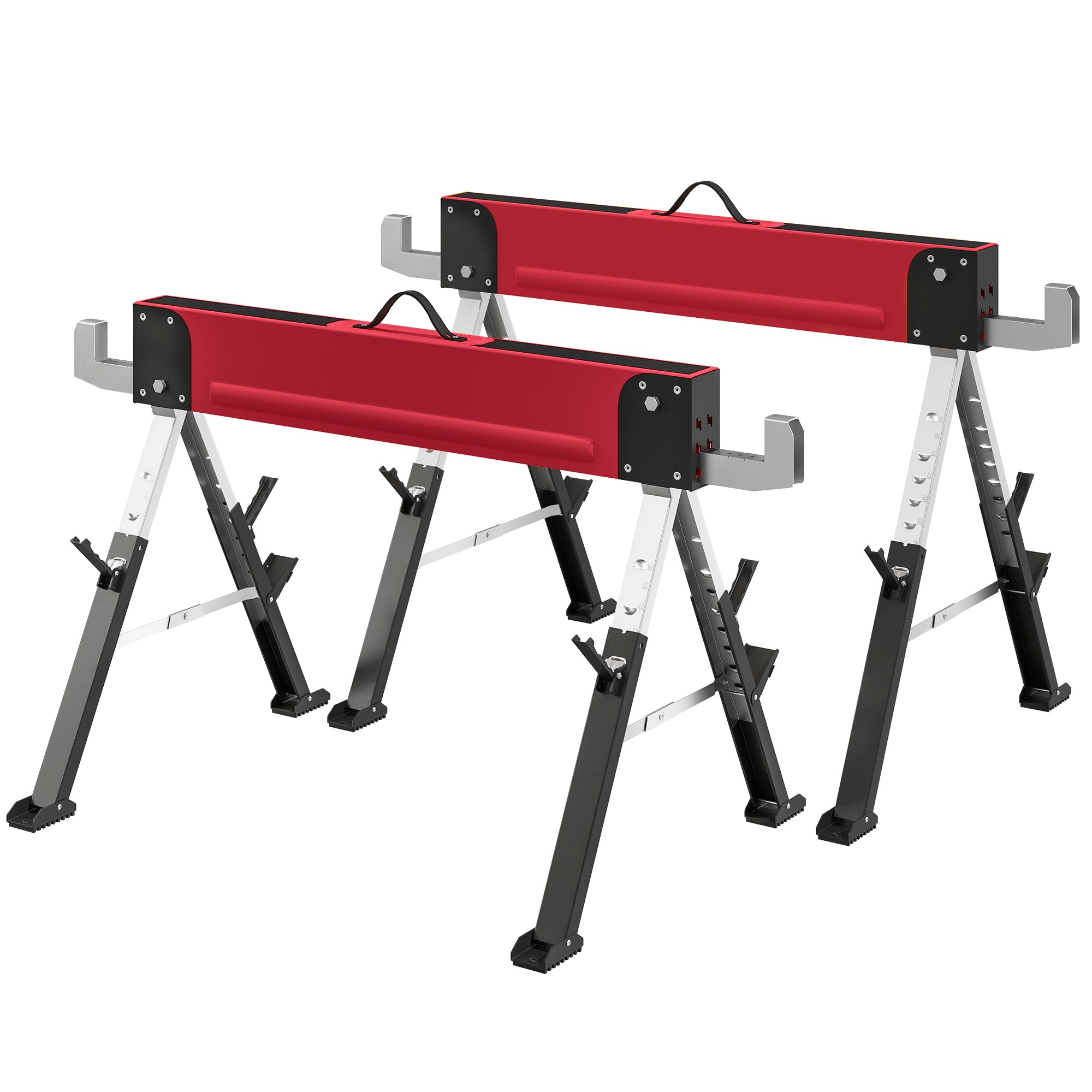 2-Pack Folding Sawhorses — Heavy-Duty Metal Work Stands, 1,160 kg Pair Capacity, 7-Position Height (64–81 cm), Red