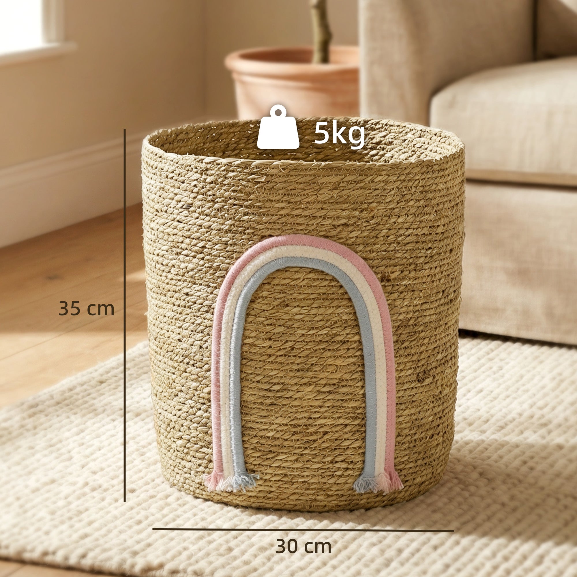 Woven Seagrass Storage Basket with Rainbow Accent — Natural, 12 x 12 x 14 in