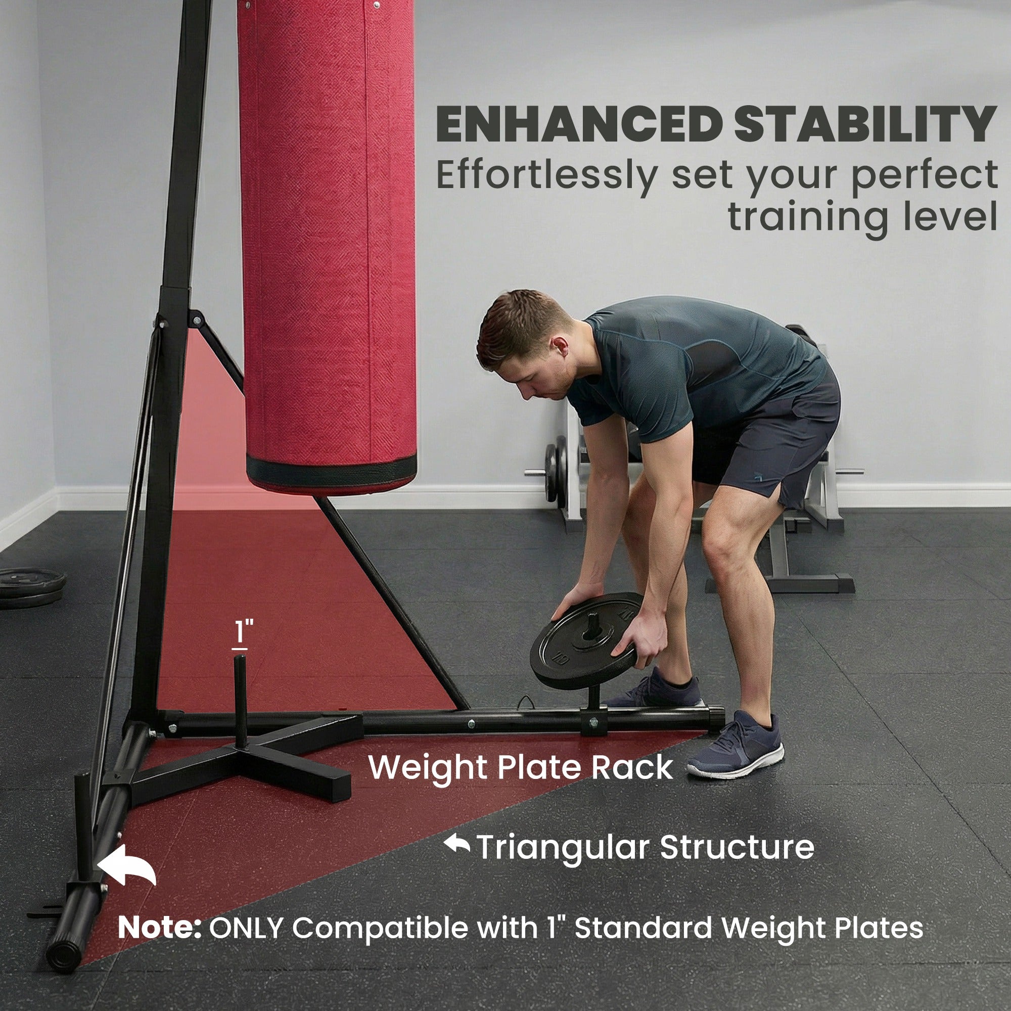 SPORTNOW Boxing Bag with Stand for Adults, Adjustable Height 185–231 cm (73–91 in), Triangular Base, Canvas Punching Bag, 1 in Weight Plate Posts, Home Gym Fitness Training, Red