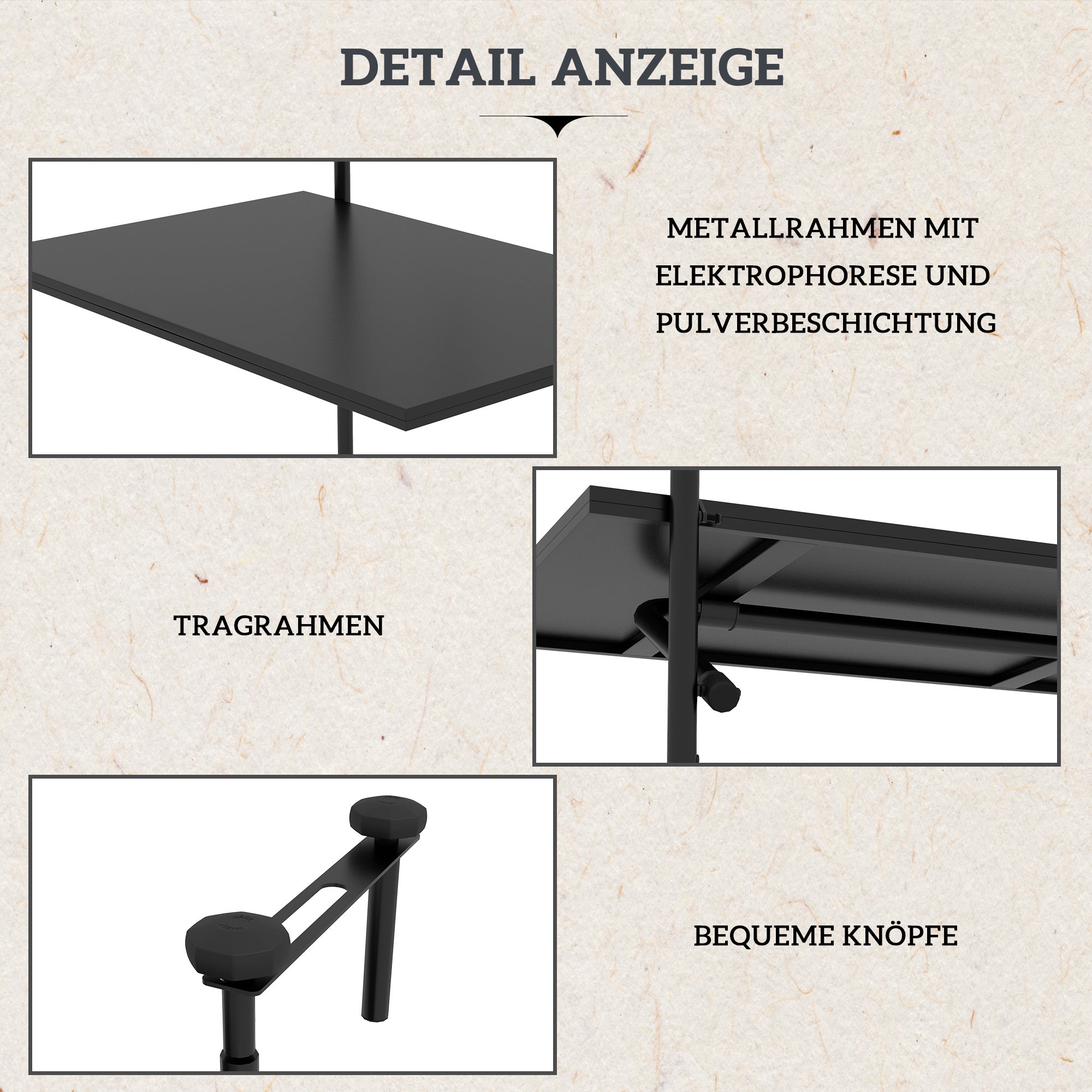 Hanging Balcony Table, Foldable Hanging Table, 3 Heights Adjustable Balcony Railing Table, Holds up to 15 kg, for Garden, Metal, 62 x 60 cm, Black