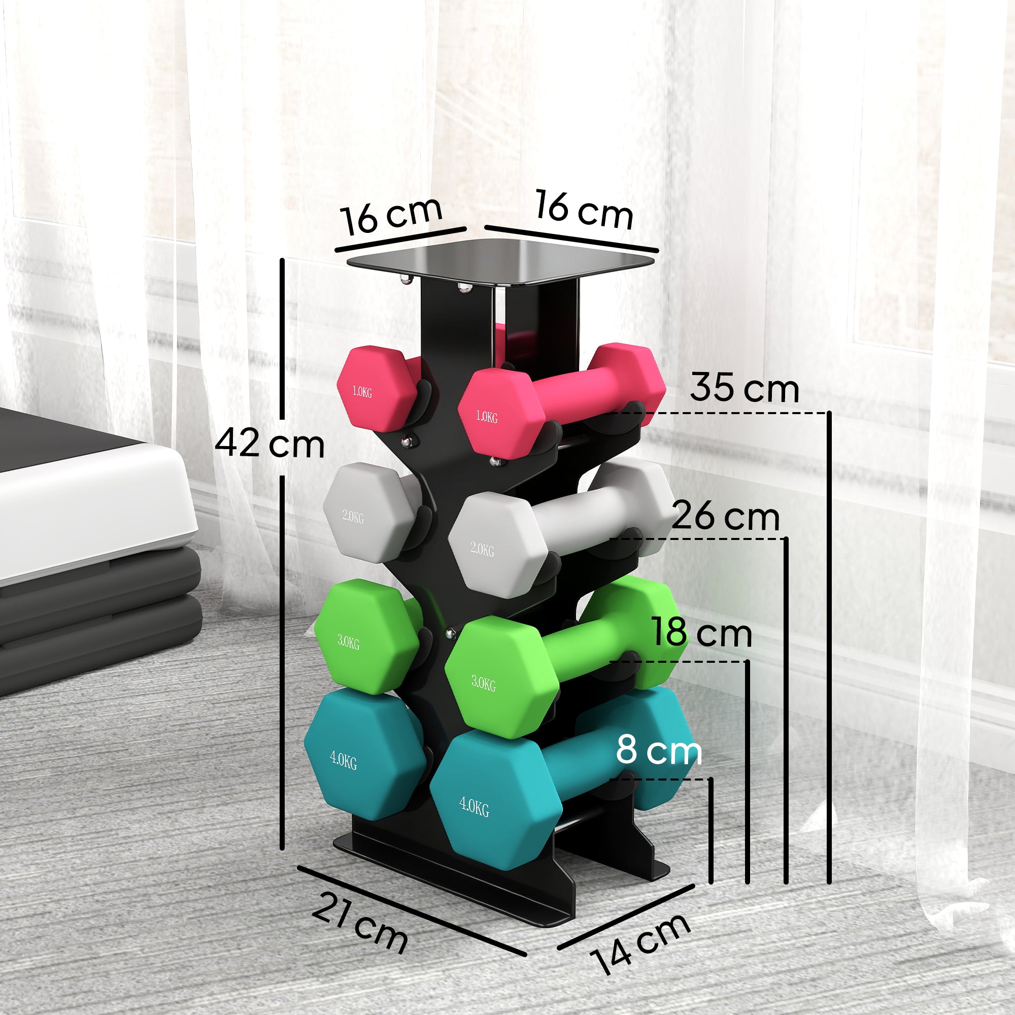 SPORTNOW Dumbbell Set — 8-Piece Hex Dumbbells (1–4 kg) with Storage Rack, Non-Slip Grip, Floor-Protective Coating — Home Gym