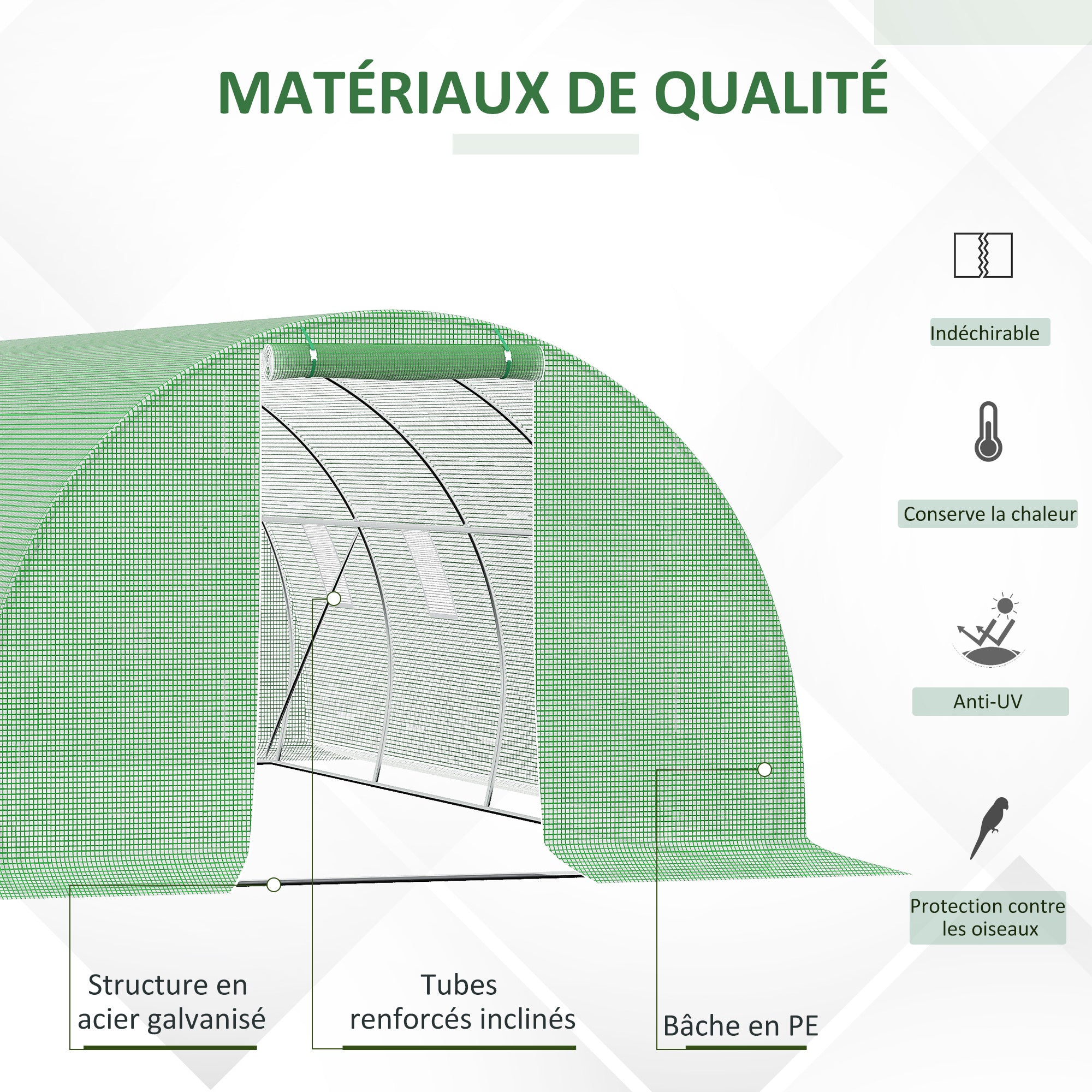 Garden Tunnel Greenhouse 18 sqm 6L x 3W x 2H m - 8 Windows, Zippered Roll-up Door - Galvanized Steel Tubular Frame, High-Density PE Green Cover