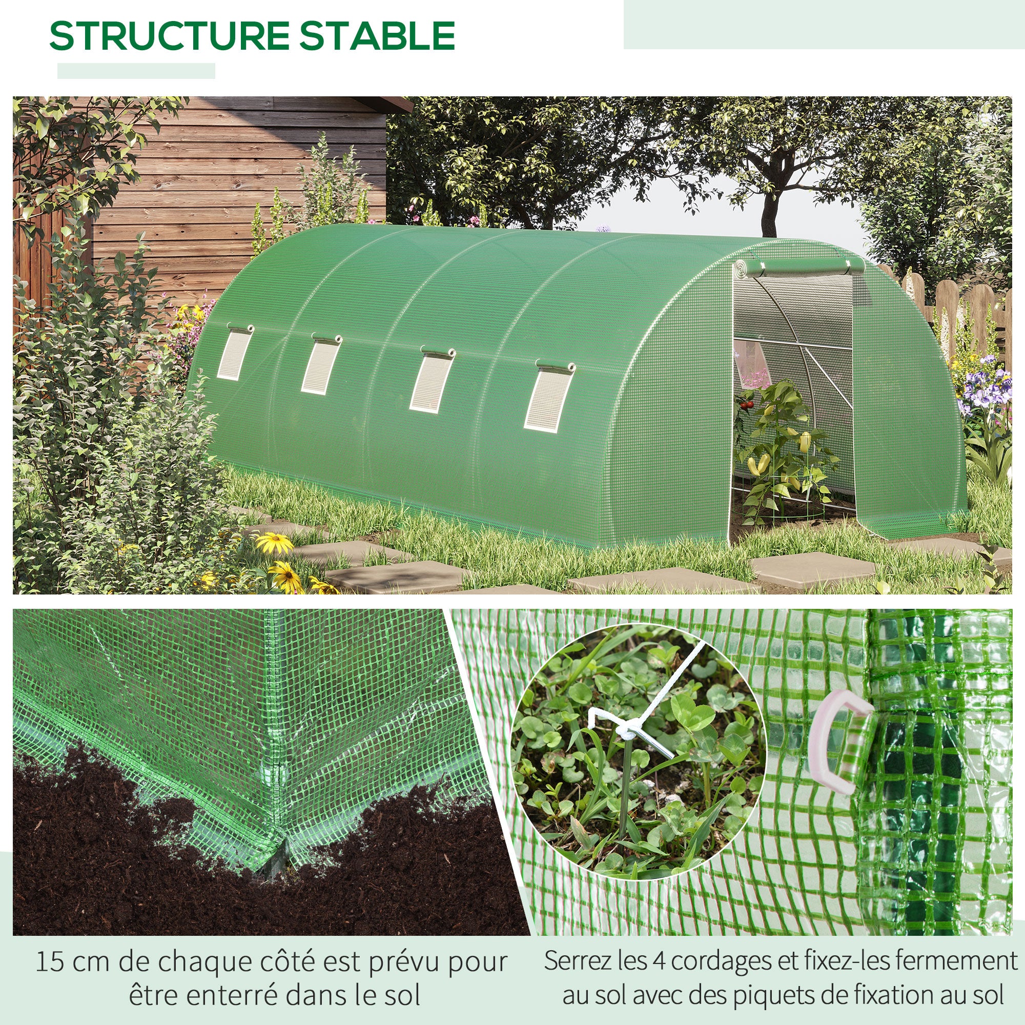 Garden Tunnel Greenhouse 18 sqm 6L x 3W x 2H m - 8 Windows, Zippered Roll-up Door - Galvanized Steel Tubular Frame, High-Density PE Green Cover