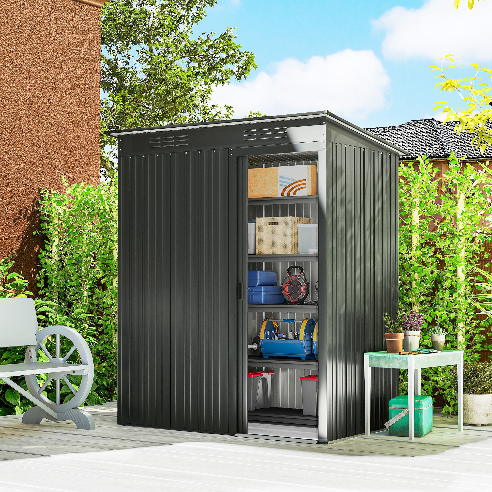 Metal Garden Shed 14.8 sq ft (1.37 m²) — 159 x 106 x 181 cm (62.6 x 41.7 x 71.3 in), Sliding Door, Vents, Sloped Roof, 2 Pairs of Gloves Included, Easy Assembly — Dark Gray