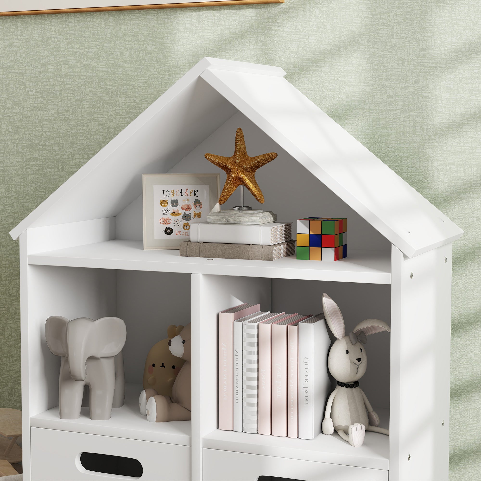 Children's Bookshelf, Children's Storage Furniture, 3 Levels with Two Drawers, House Shape, for Children's Rooms, Bedroom, 63.7 x 29.7 x 89.5 cm, White