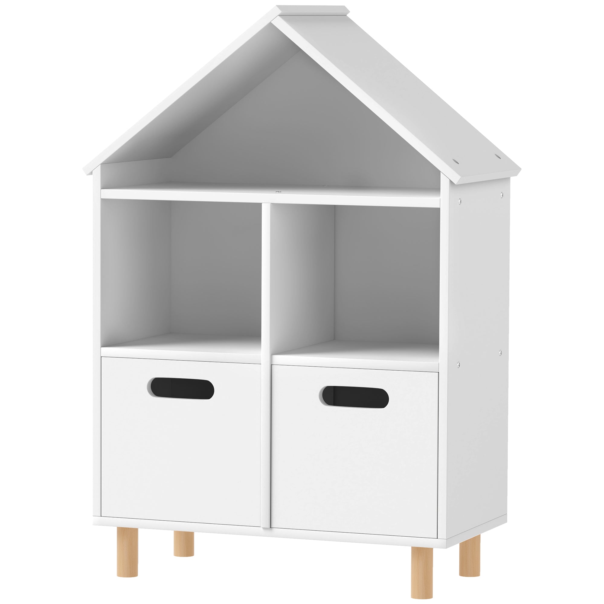 Children's Bookshelf, Children's Storage Furniture, 3 Levels with Two Drawers, House Shape, for Children's Rooms, Bedroom, 63.7 x 29.7 x 89.5 cm, White