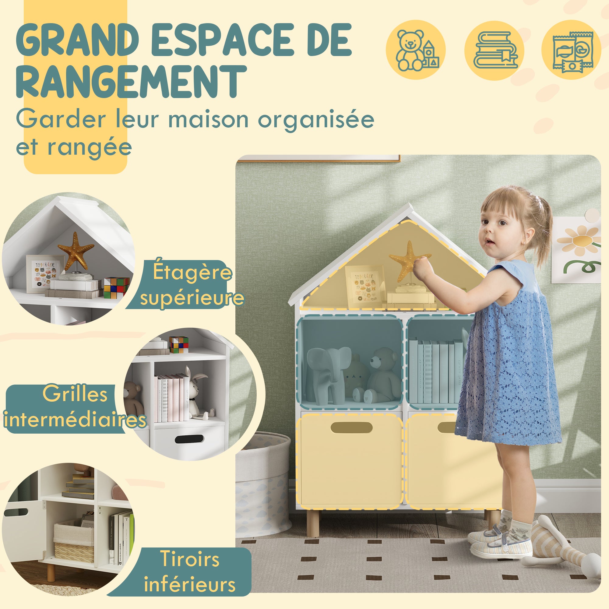 Children's Bookshelf, Children's Storage Furniture, 3 Levels with Two Drawers, House Shape, for Children's Rooms, Bedroom, 63.7 x 29.7 x 89.5 cm, White